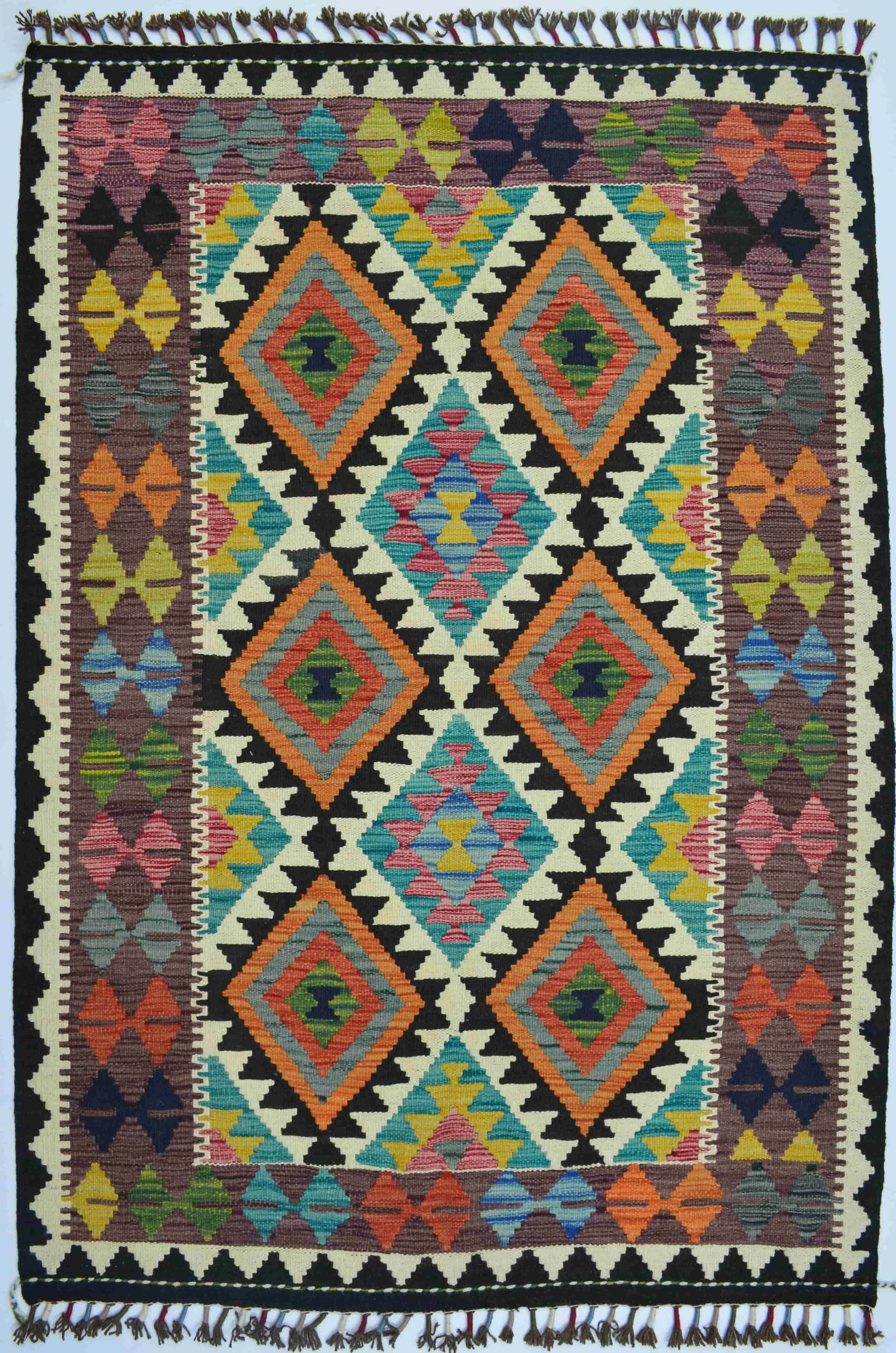 Yün İplikten El Dokuma Renkli Afgan Kilim 124x177 cm (2.19 m²)