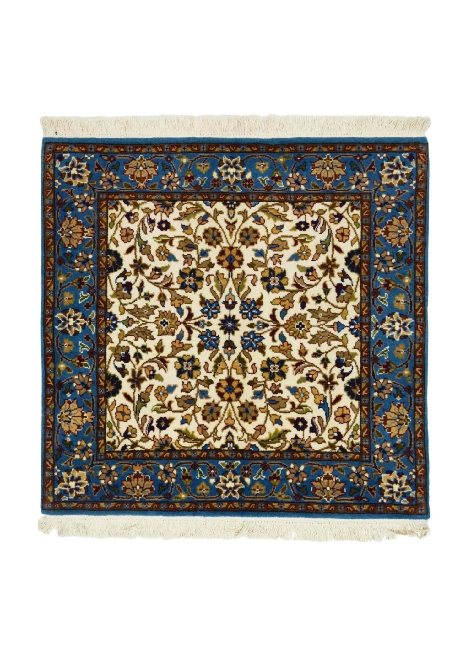 İran El Dokuma Kare Krem ve Mavi Renk Yün Halı 100x100 cm (1 m²)