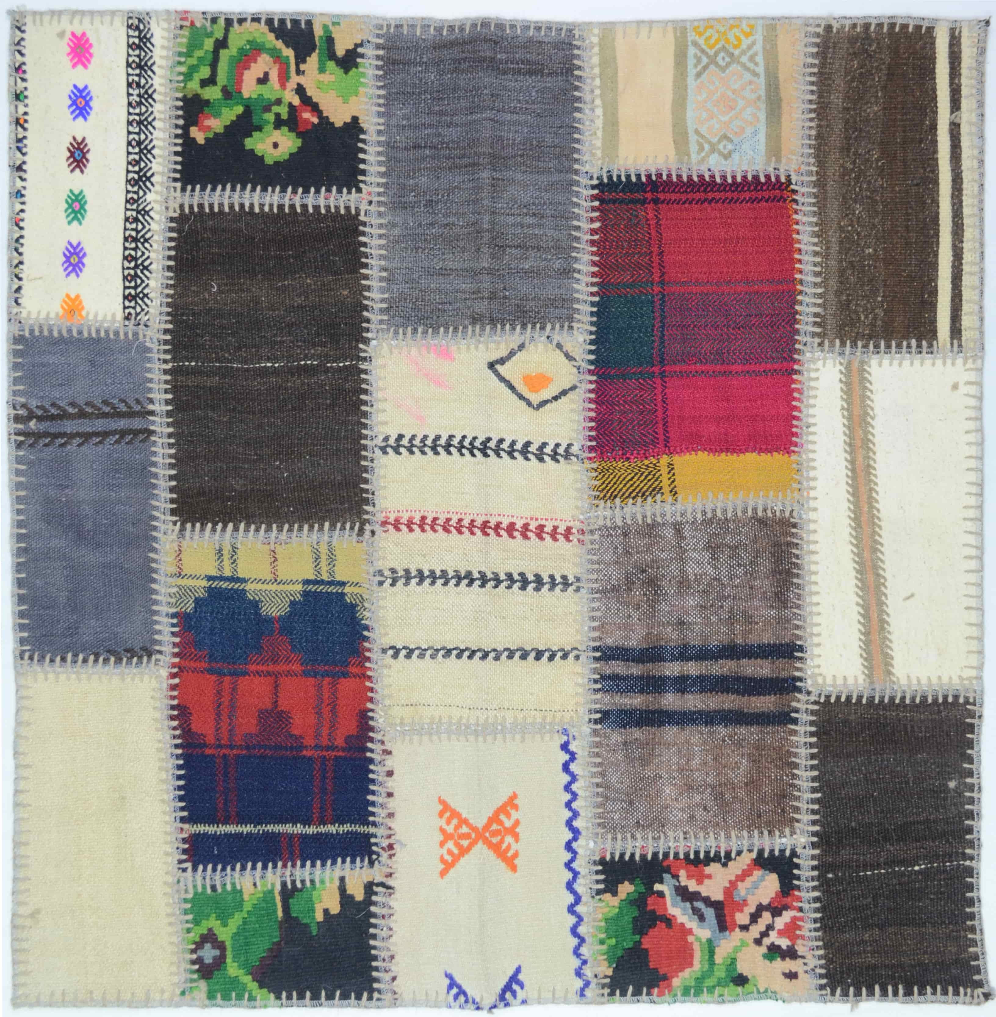 Patchwork El Dokuma Yün Kilim Karışık Renkli 101x102 cm (1.03 m²)