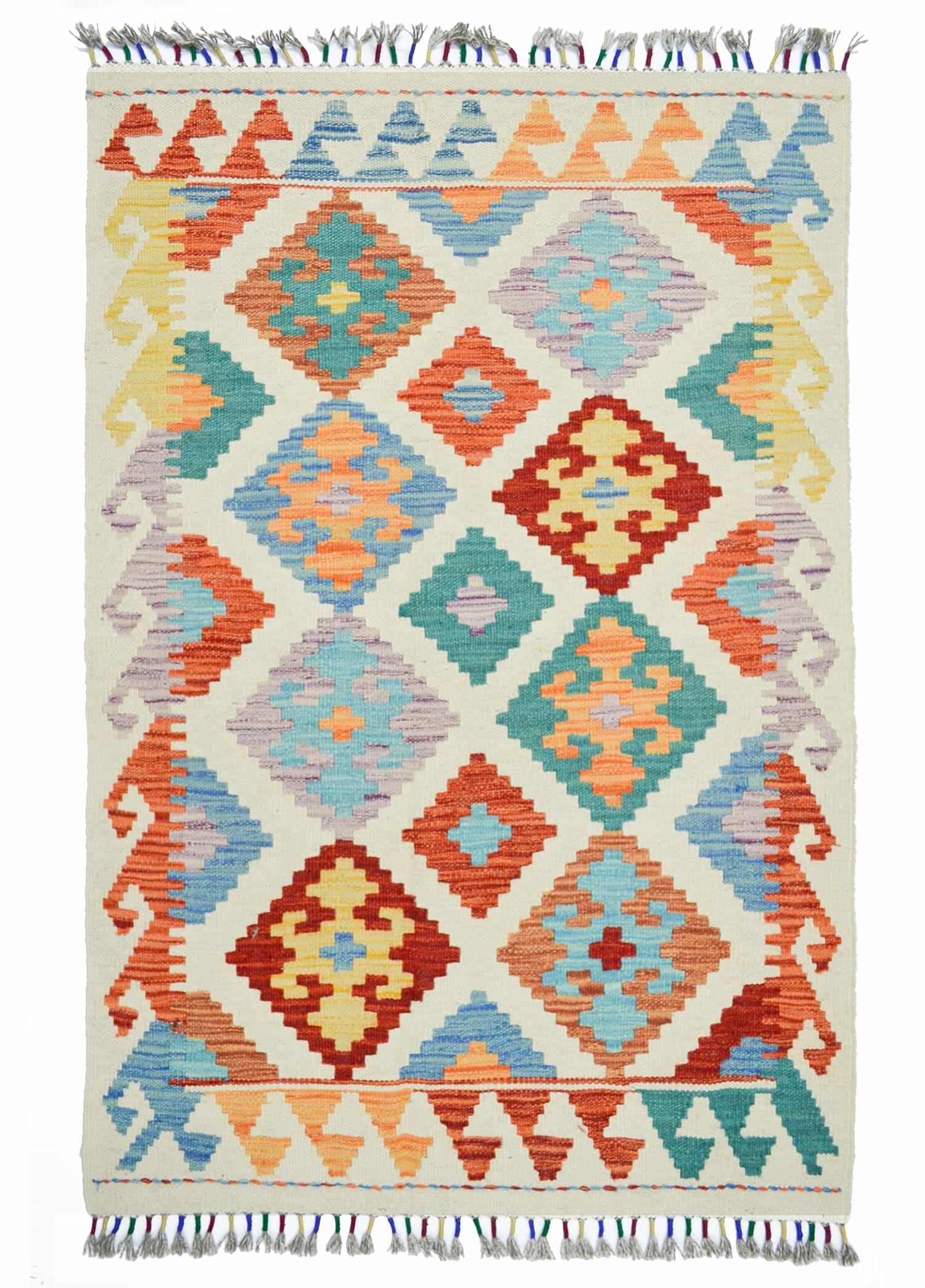 Yün İplikten El Dokuma Krem Renk Afgan Kilim 76x123 cm (0.94 m²)