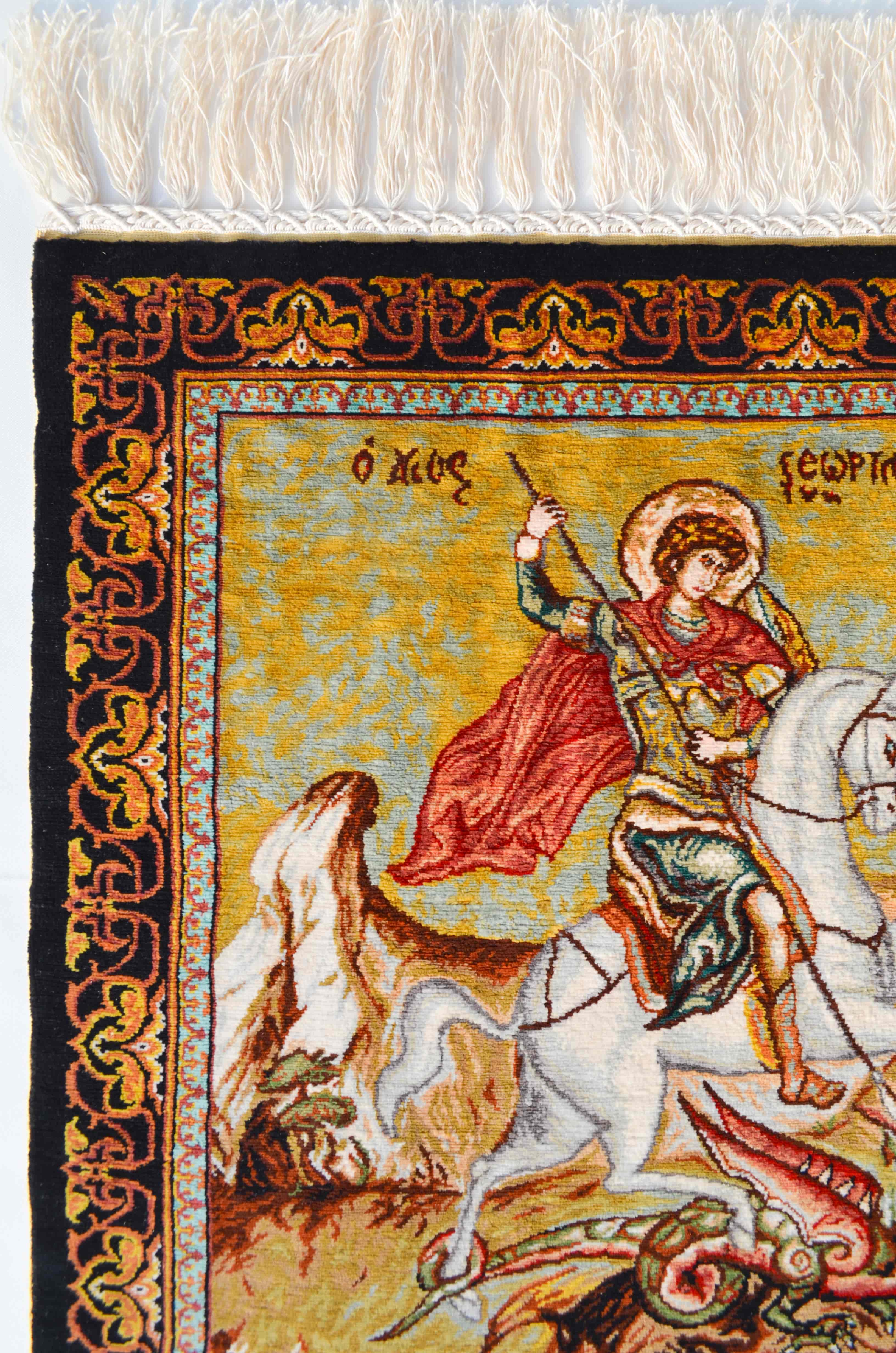 Aziz Yorgi ve Ejdarha Desenli Saf İpek El Dokuma Duvar Halısı (38x38 cm)