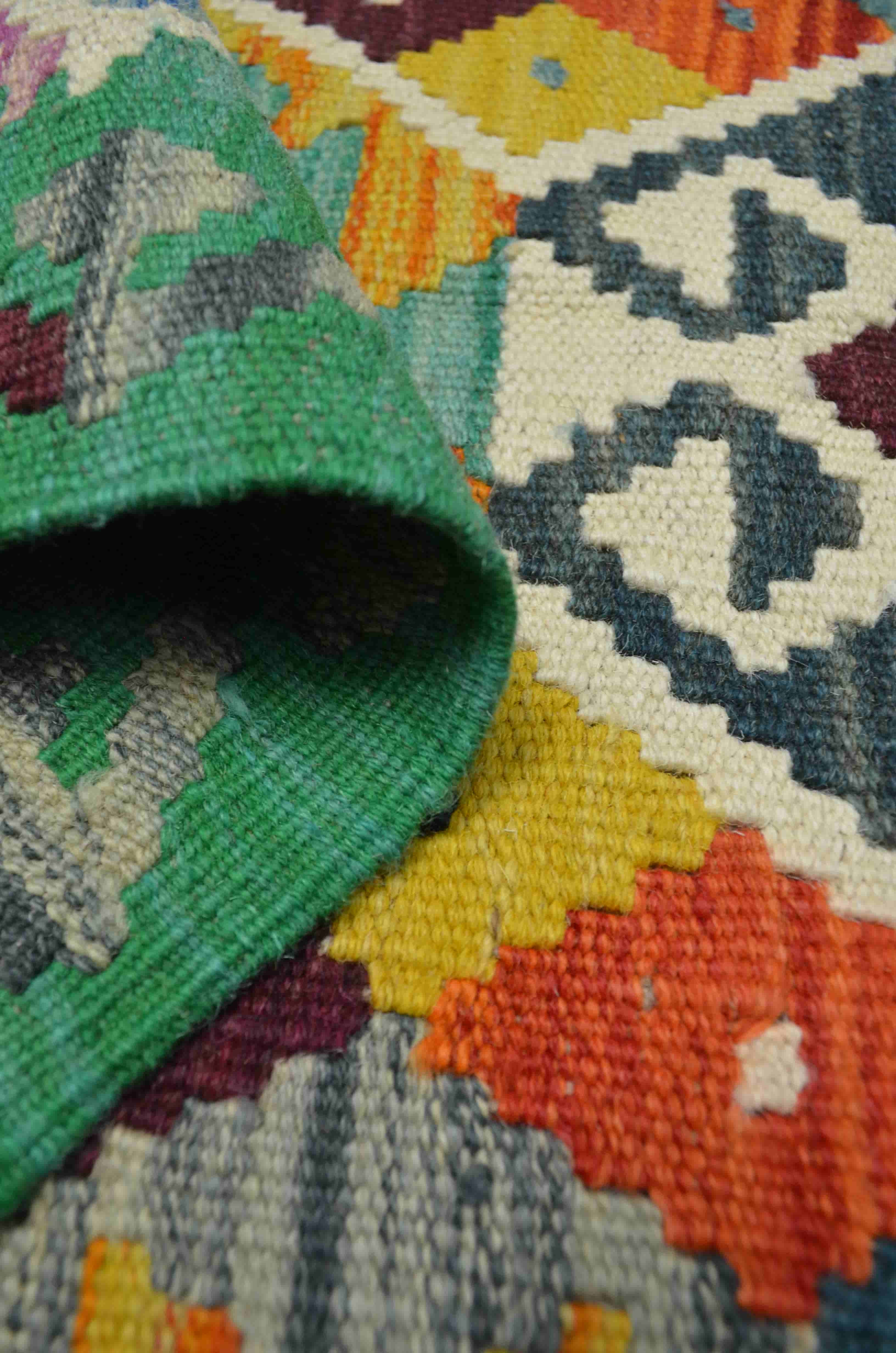 Yün İplikten El Dokuma Yeşil Afgan Kilim Yolluk 56x200 cm (1.12 m²)
