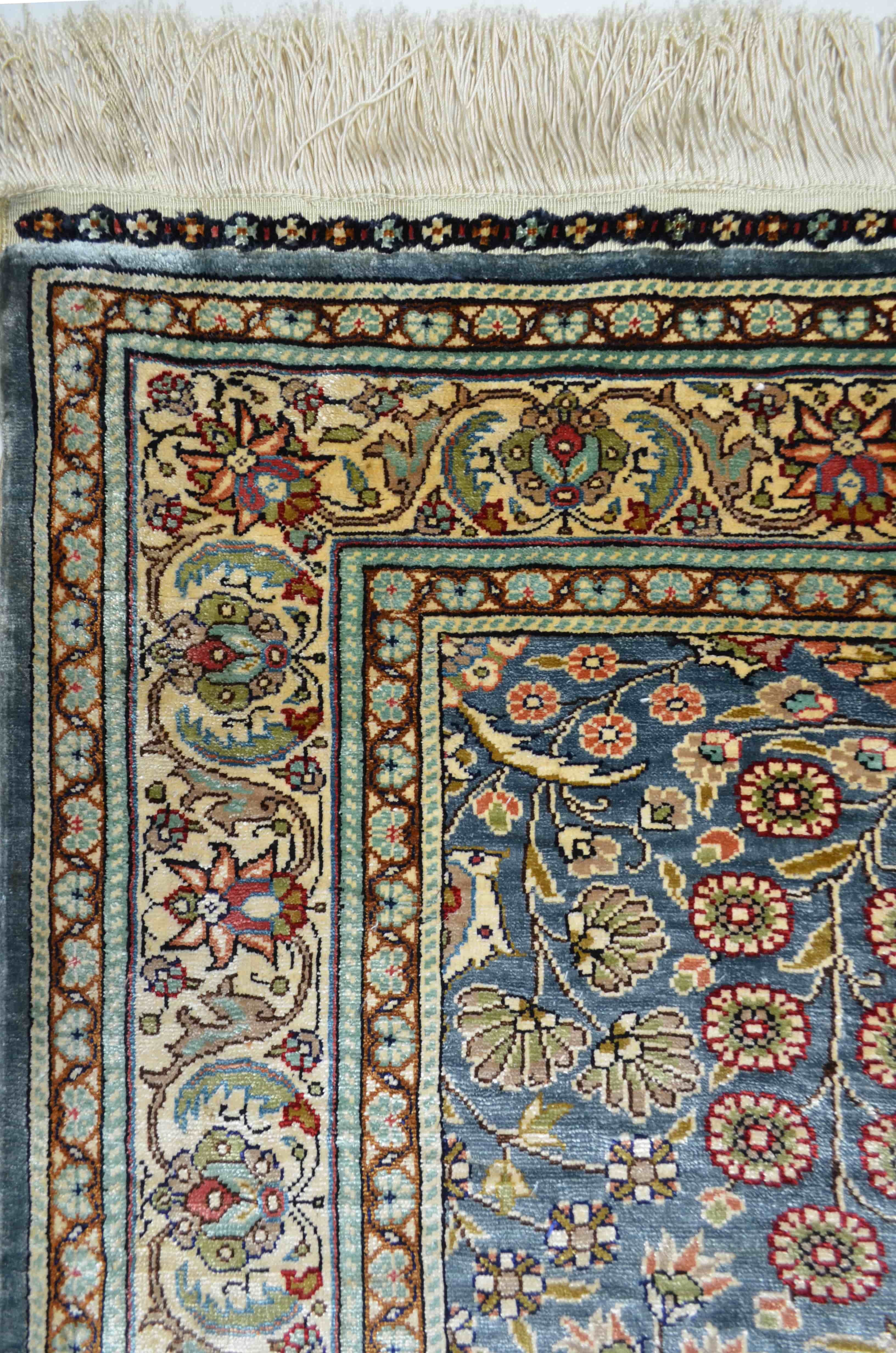 Saf İpekten El Dokuma Çelik Mavisi Kayseri Halısı Yolluk 85x220 cm (1.87 m²)