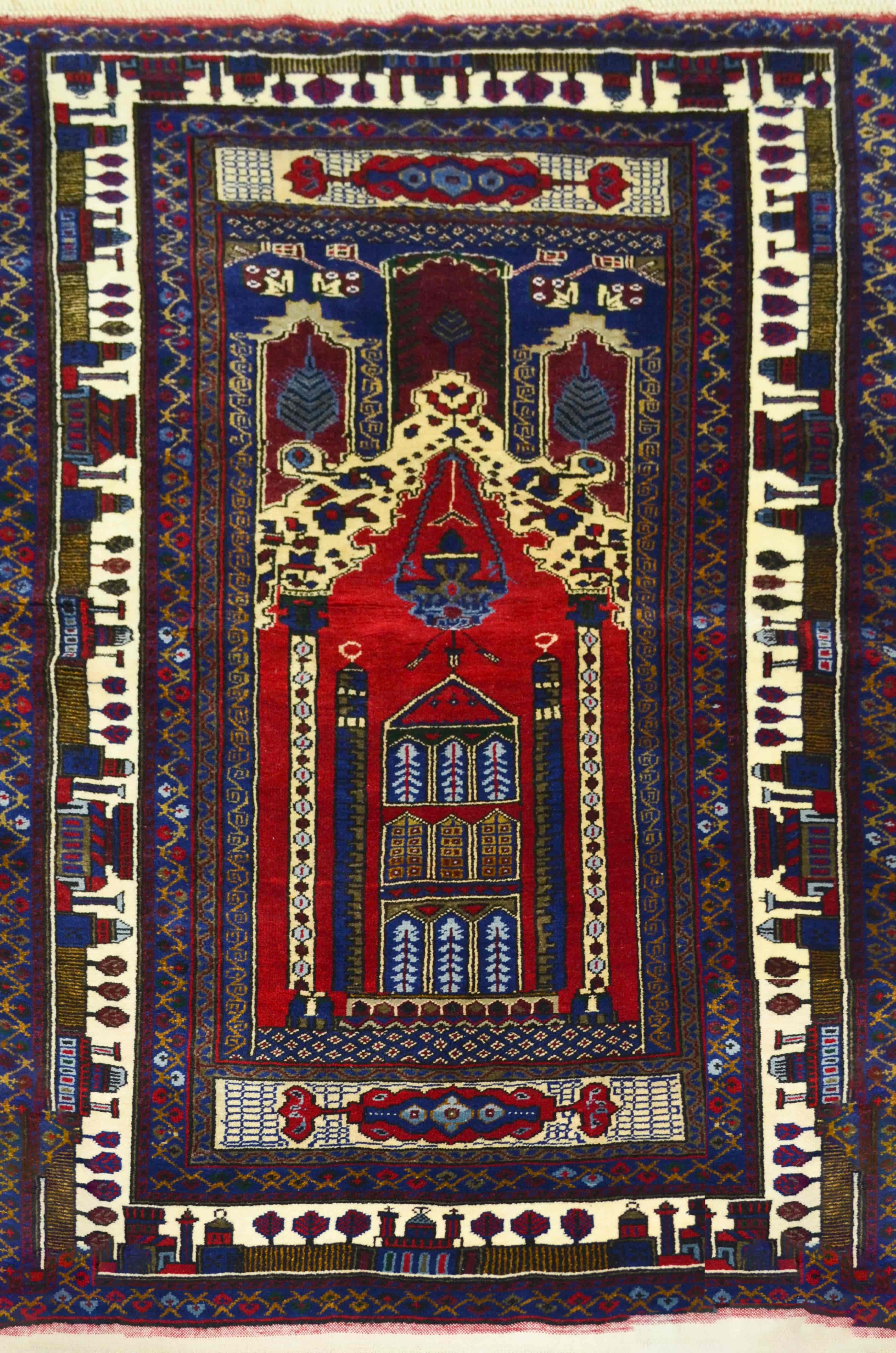 Yahyalı Mihraplı Bordo ve Lacivert Renk El Dokuma Kayseri Halısı 125x207 cm (2.59 m²)