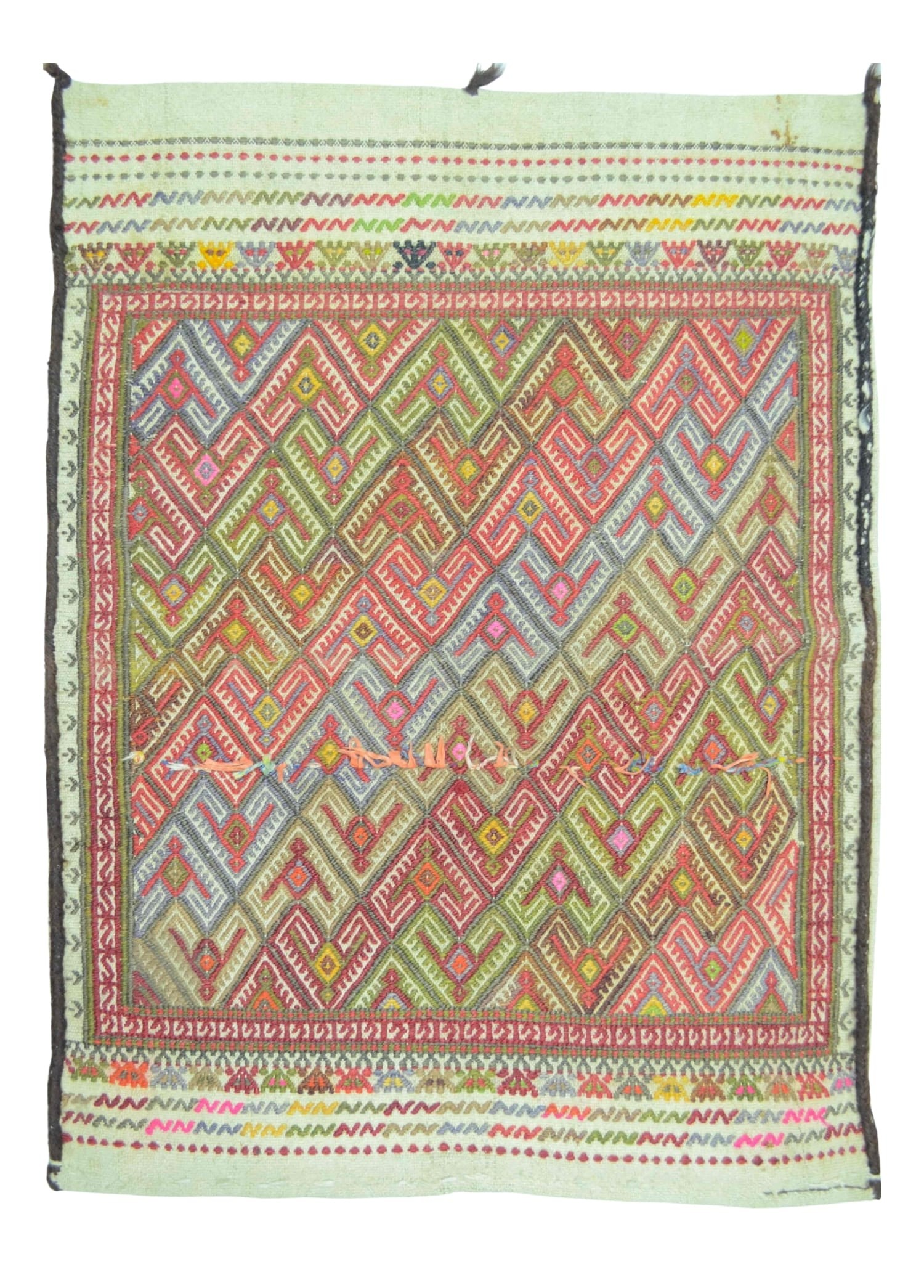 Vintage Konya Cicim El Dokuma Krem Zeminli Çok Renkli Yün Yastık 66x94 cm (0,62 m²)