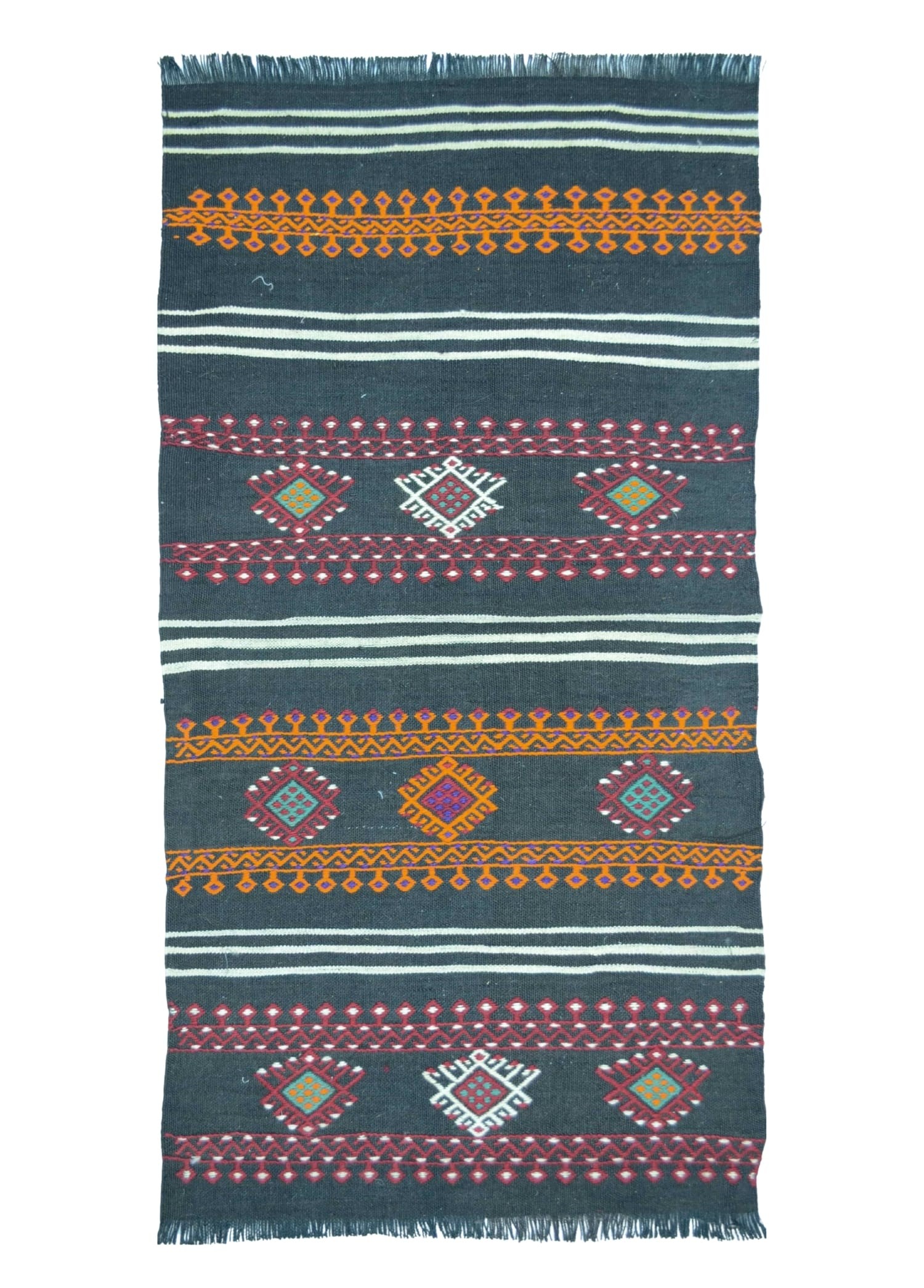 Yünden El Dokuma Siyah Renk Antika Kilim 58x112 cm (0,65 m²)