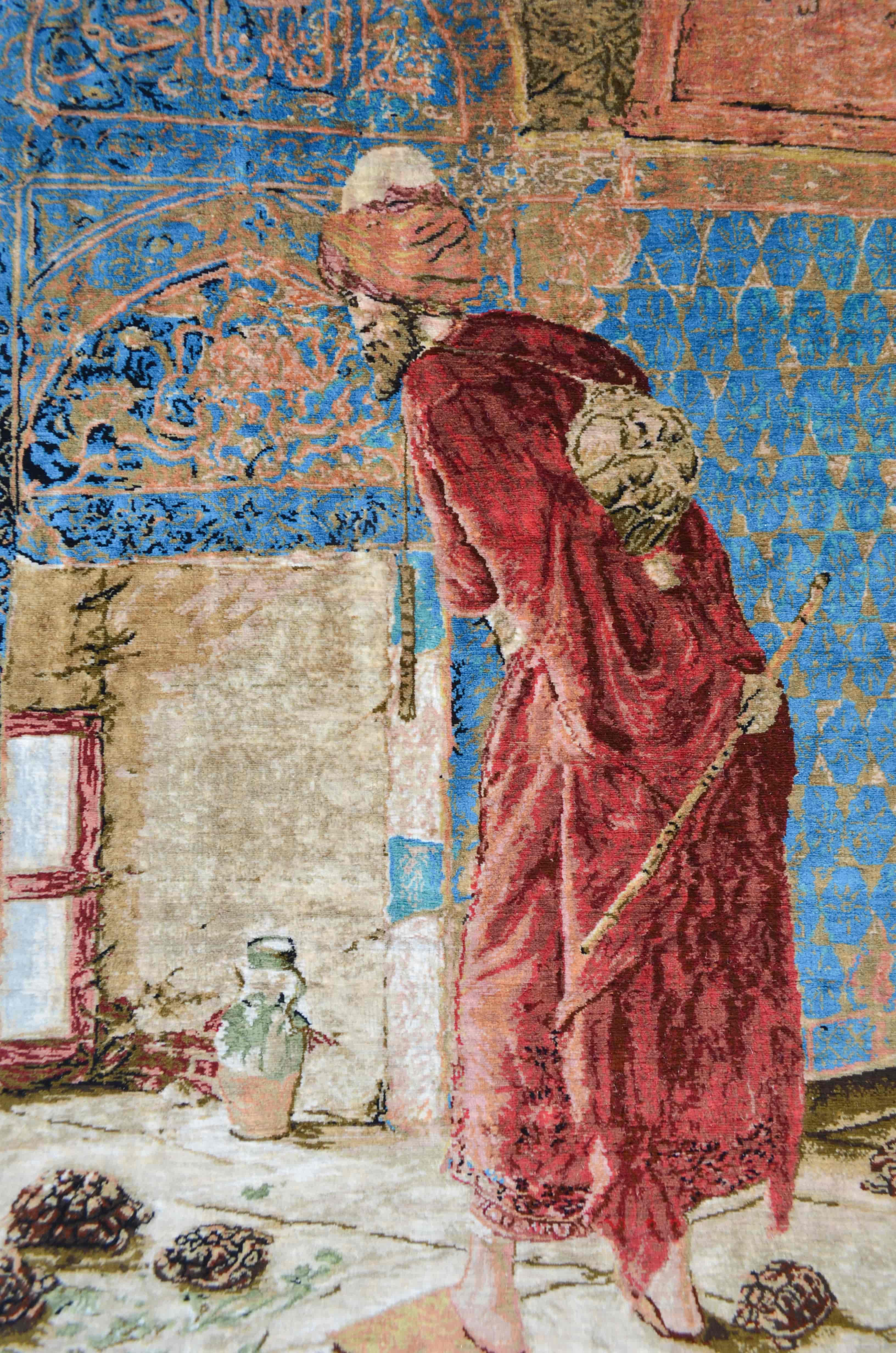 Kaplumbağa Terbiyecisi Desenli Saf İpek El Dokuma Duvar Halısı (33x50 cm)