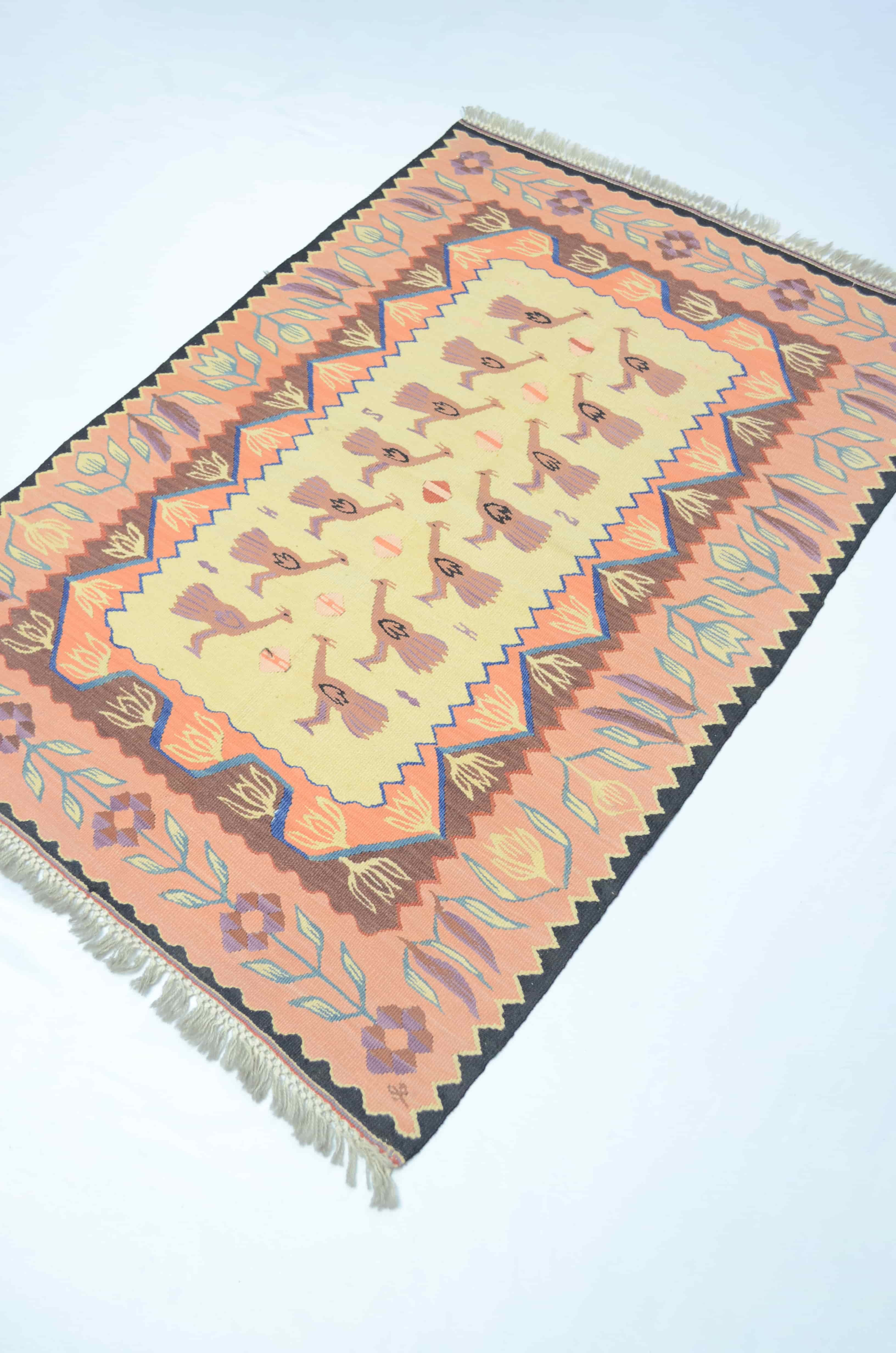 El Dokuma Pembe Tavus Kuşu Motifli Antik Süper İnce Kilim 80x120 cm (0.96 m²)