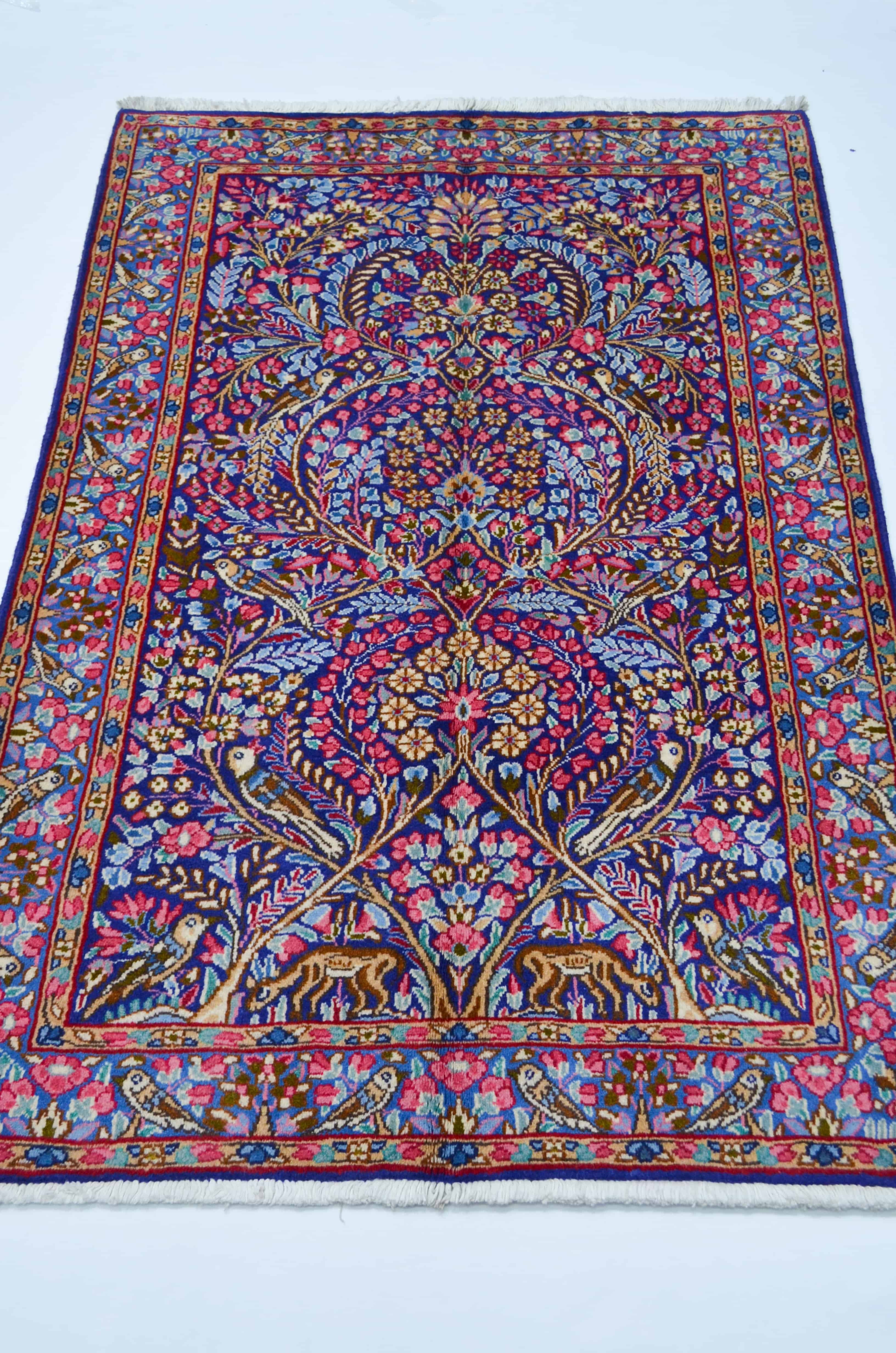 İran Kirman Halısı, El Dokuma, Doğa Tasvirli Mavi Renk 100x146 cm (1.46 m²)