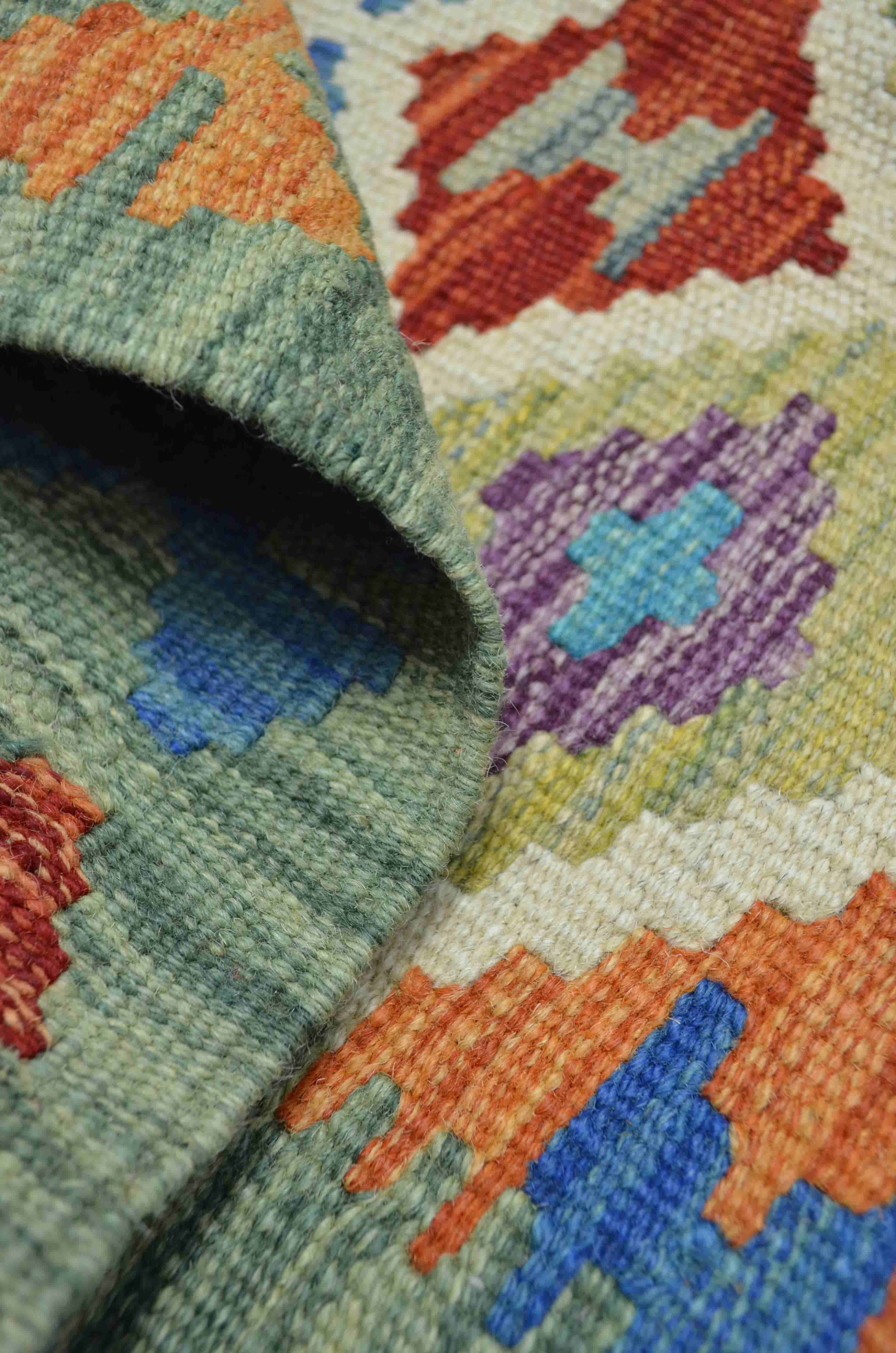 Yün İplikten El Dokuma Yeşil Renk Afgan Kilim 62x90 cm (0.56 m²)