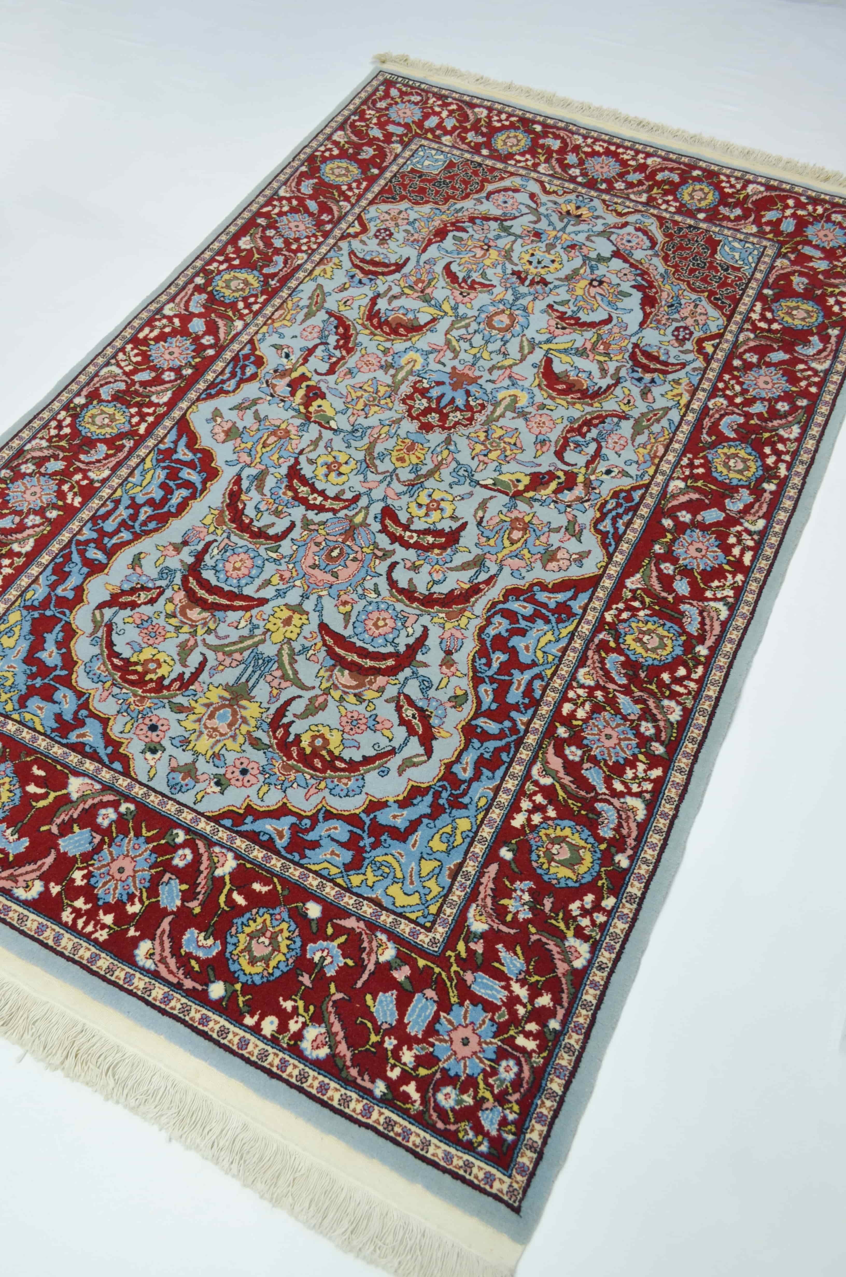 Orijinal Sümerbank Mihraplı Hereke El Dokuma Mavi ve Bordo Renk Yün Halı 112x181 cm (2.03 m²)