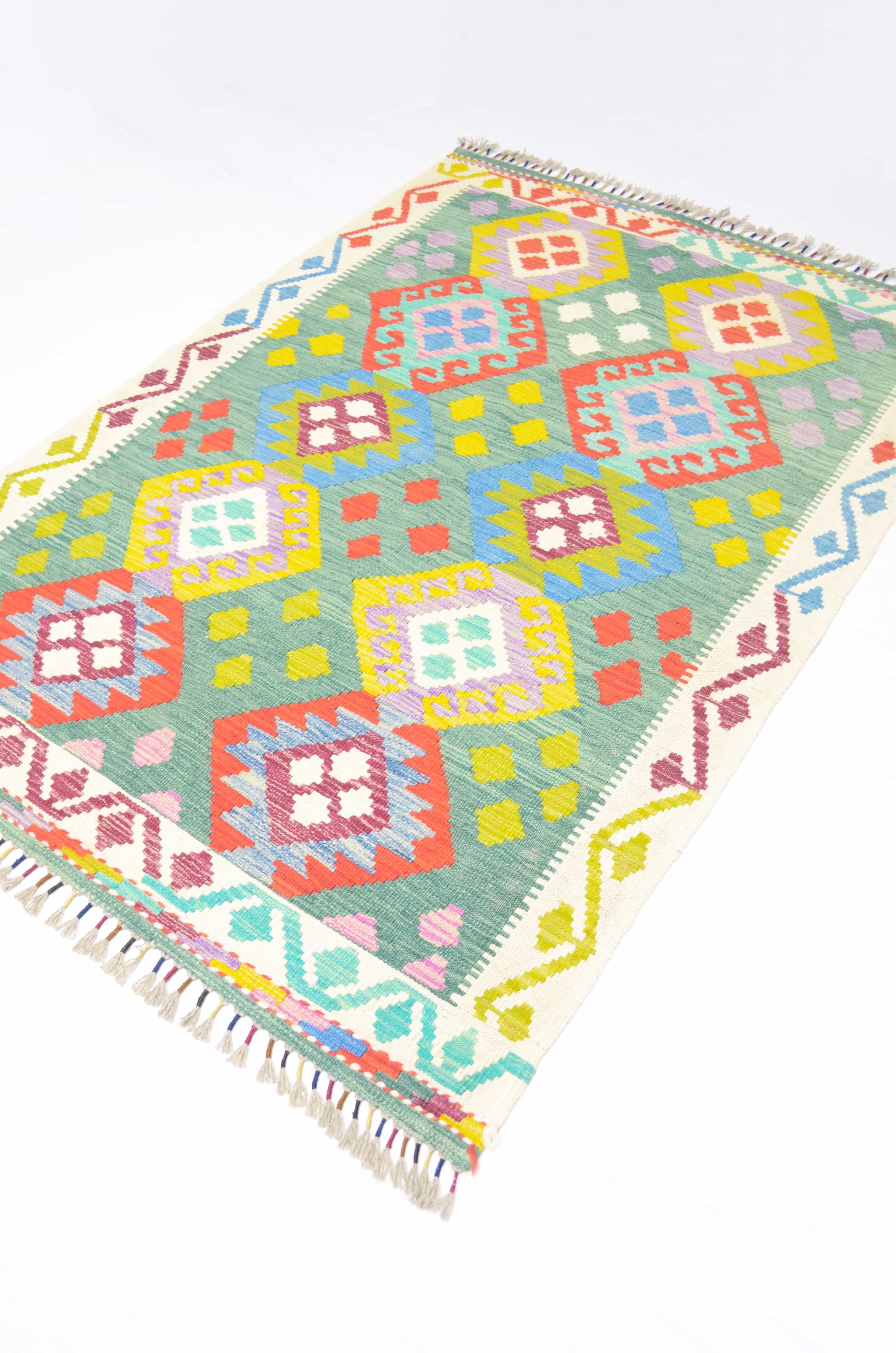 Yün İplikten El Dokuma Yeşil ve Krem Renk Afgan Kilim 111x159 cm (1.76 m²)