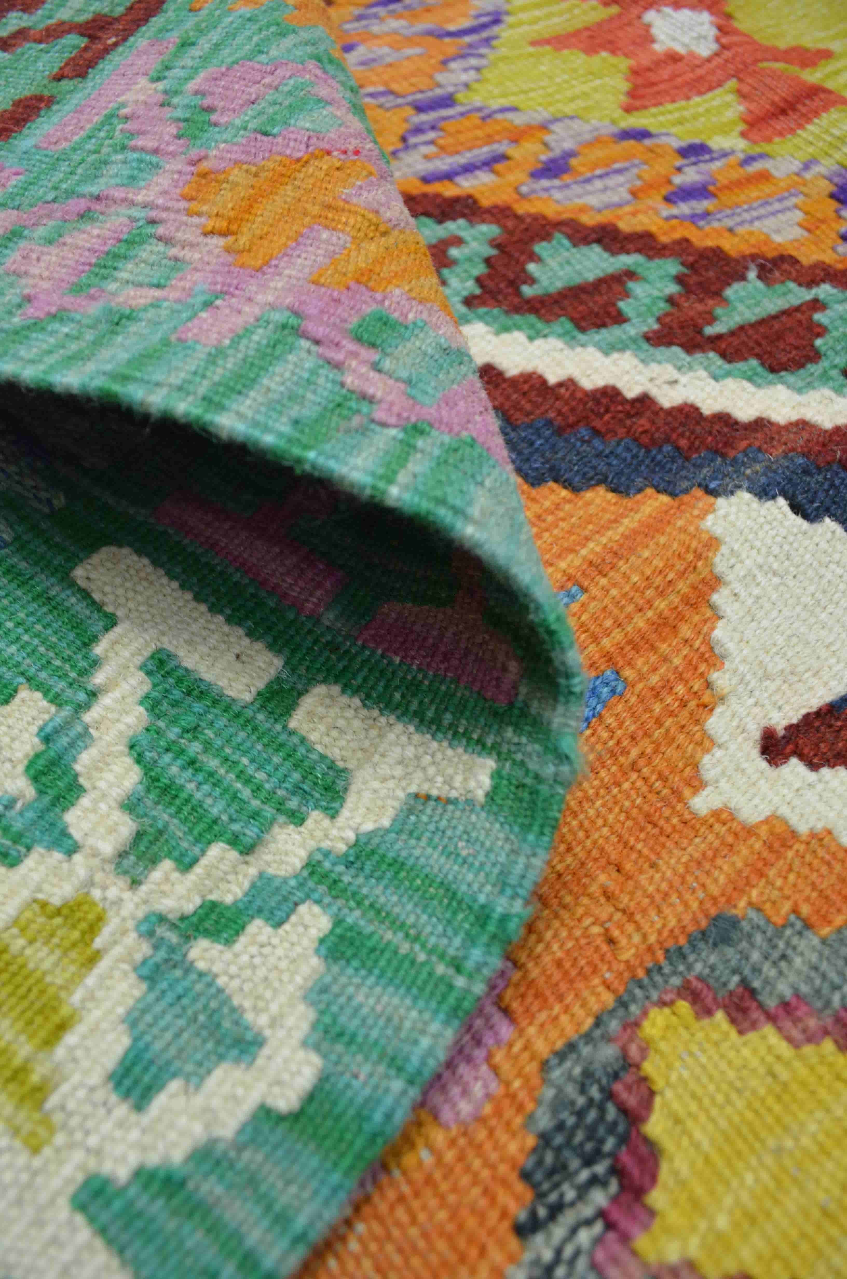 Yün İplikten El Dokuma Yeşil ve Turuncu Afgan Kilim 126x176 cm (2.22 m²)