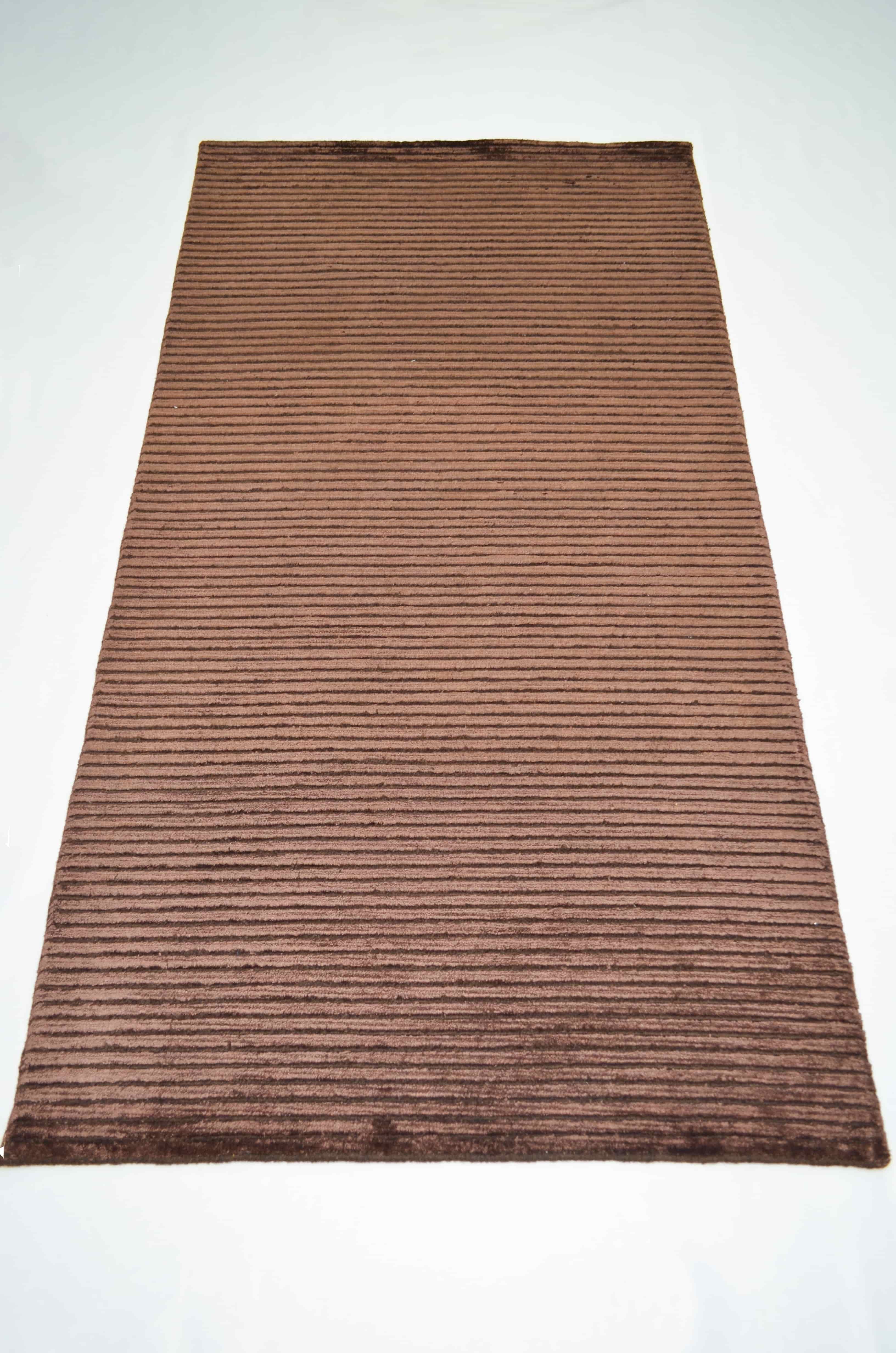 Nüans Acı Kahverengi İpek Görünümlü Viskoz Modern Çizgili El Dokuma Halı 80x150 cm (1.2 m²)
