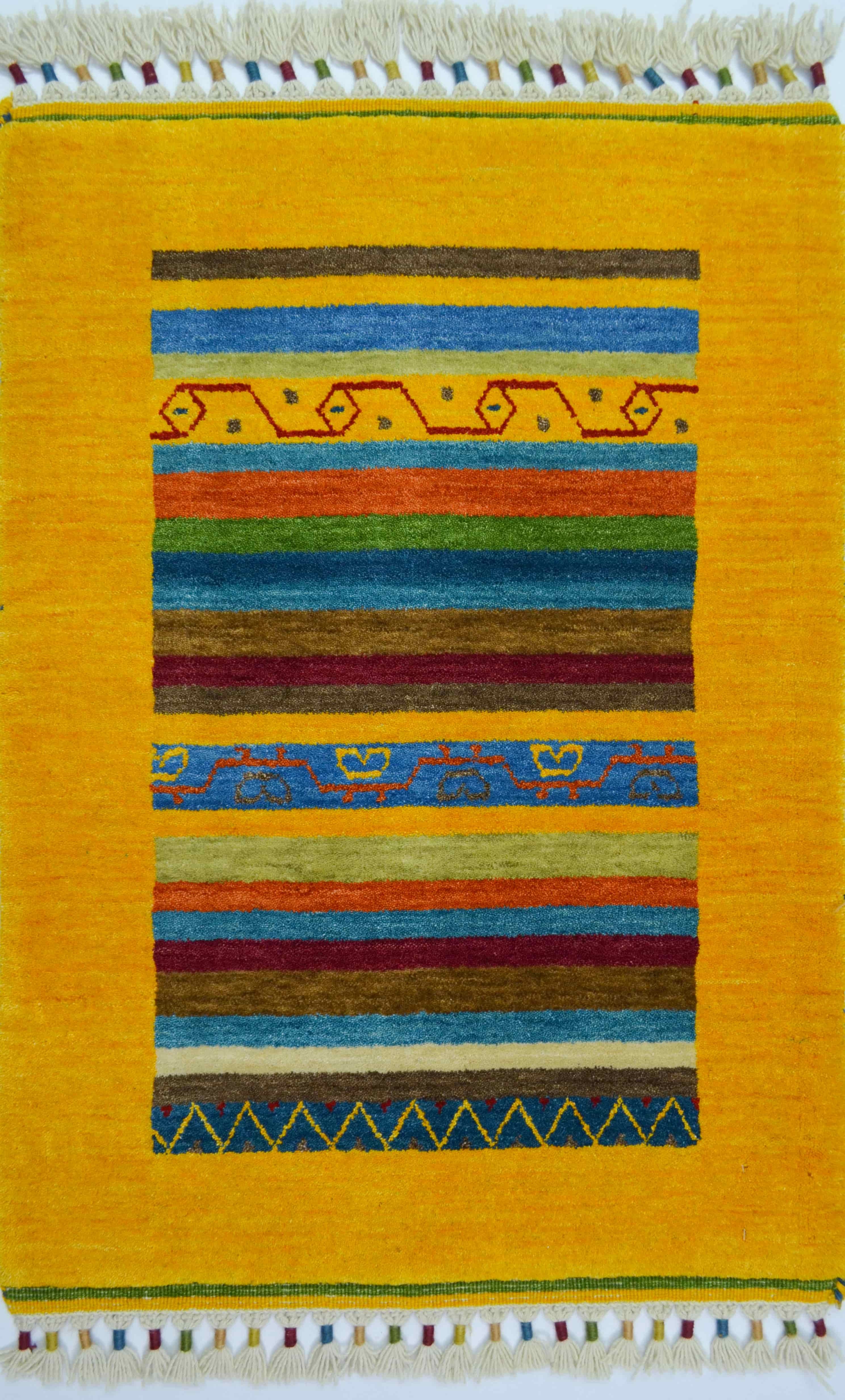 El Dokuma Sarı Renk Yün Tribal Halı 60x90 cm (0.54 m²)