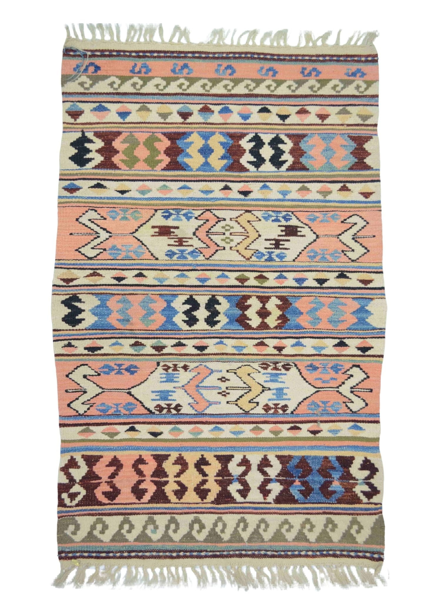 Konya Karapınar El Dokuma Pembe ve Krem Kirmen Yün Kilim 76x121 cm (0.92 m²)