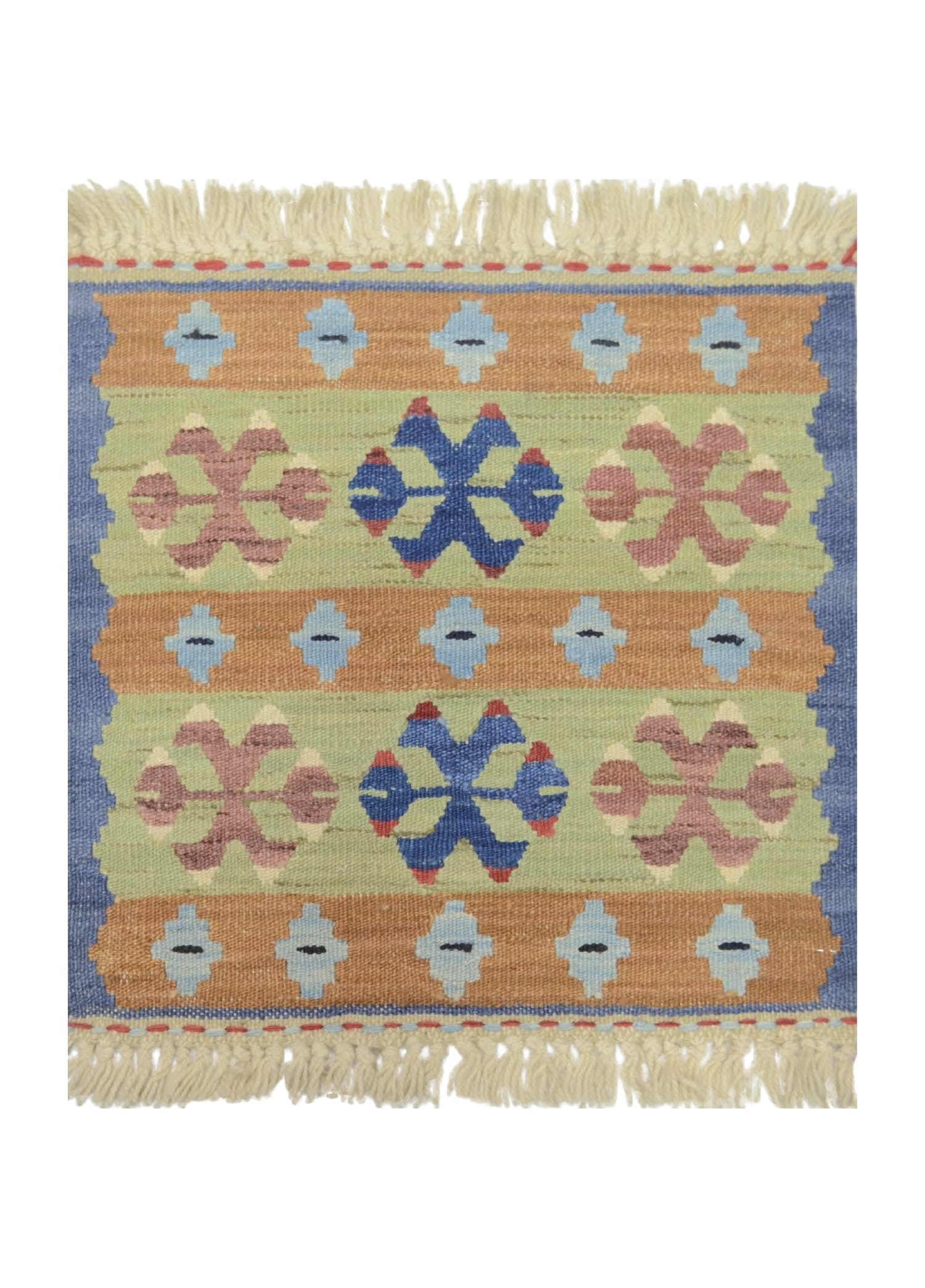 Yünden El Dokuma Turuncu ve Mavi Renk İnce Kök Kilim 40x40 cm (0.16 m²)