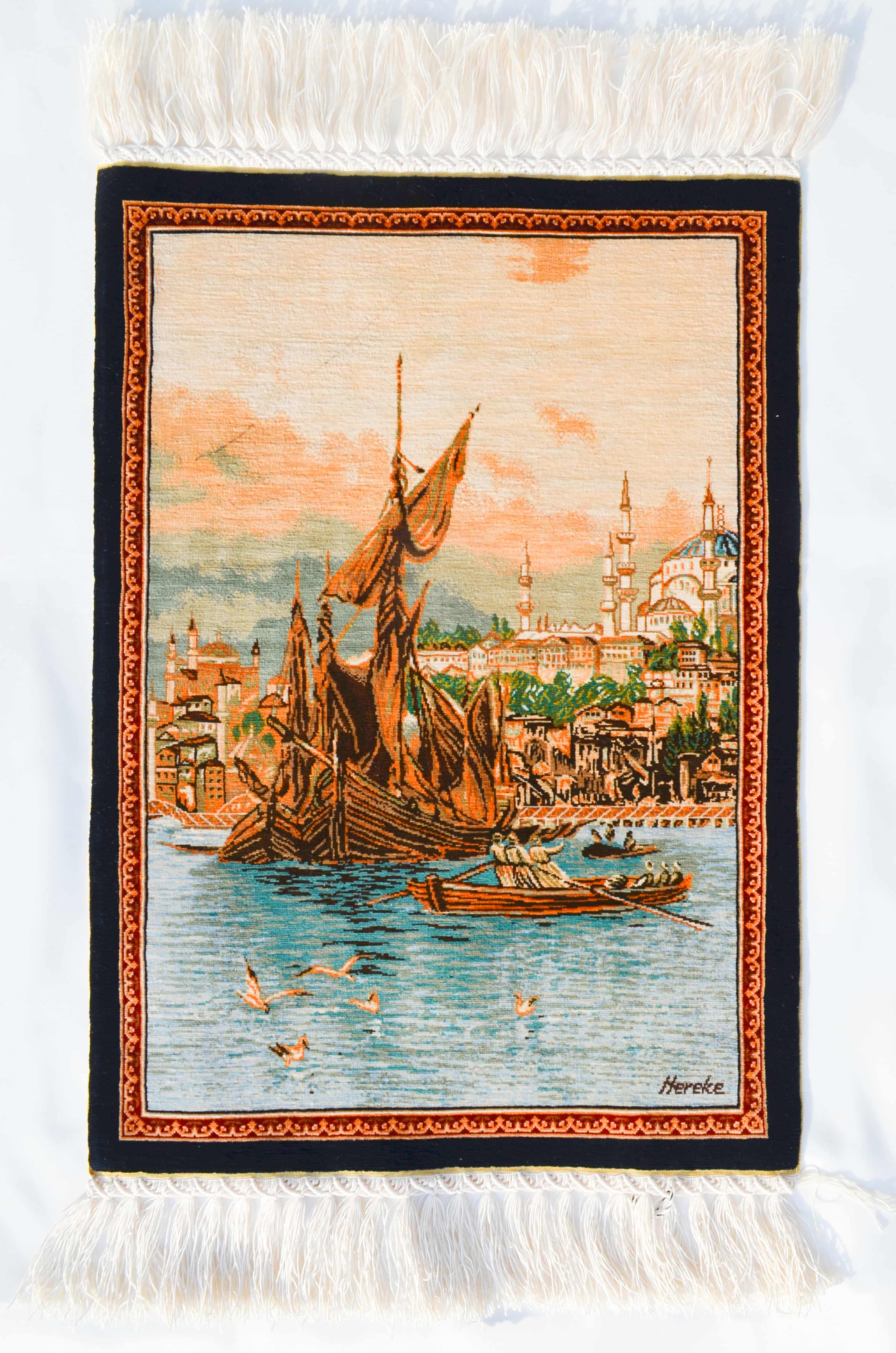 Eski İstanbul Desenli Saf İpek El Dokuma Duvar Halısı (33x47 cm)