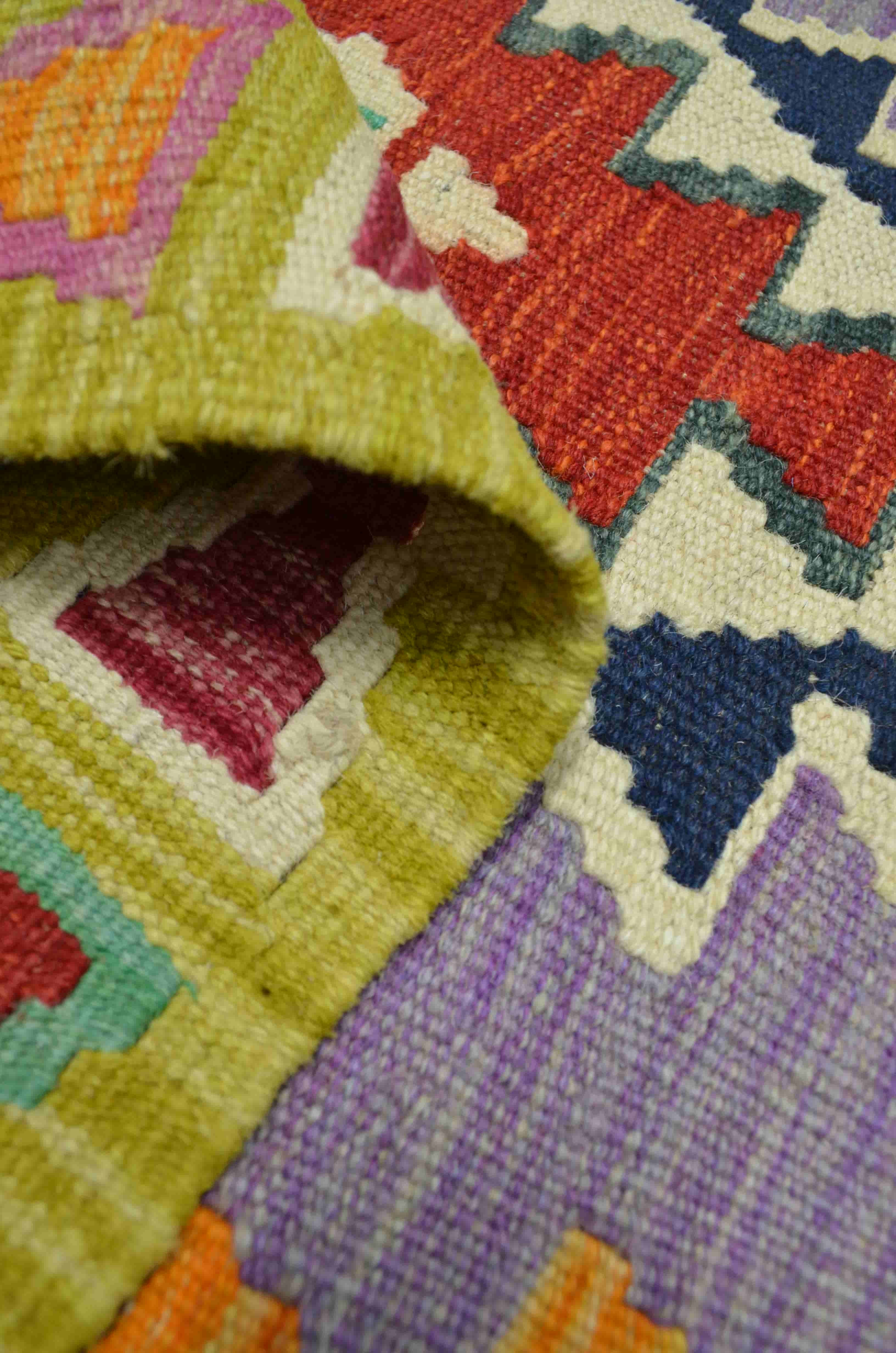 Yün İplikten El Dokuma Yeşil Renk Afgan Kilim Yolluk 82x303 cm (2.5 m²)