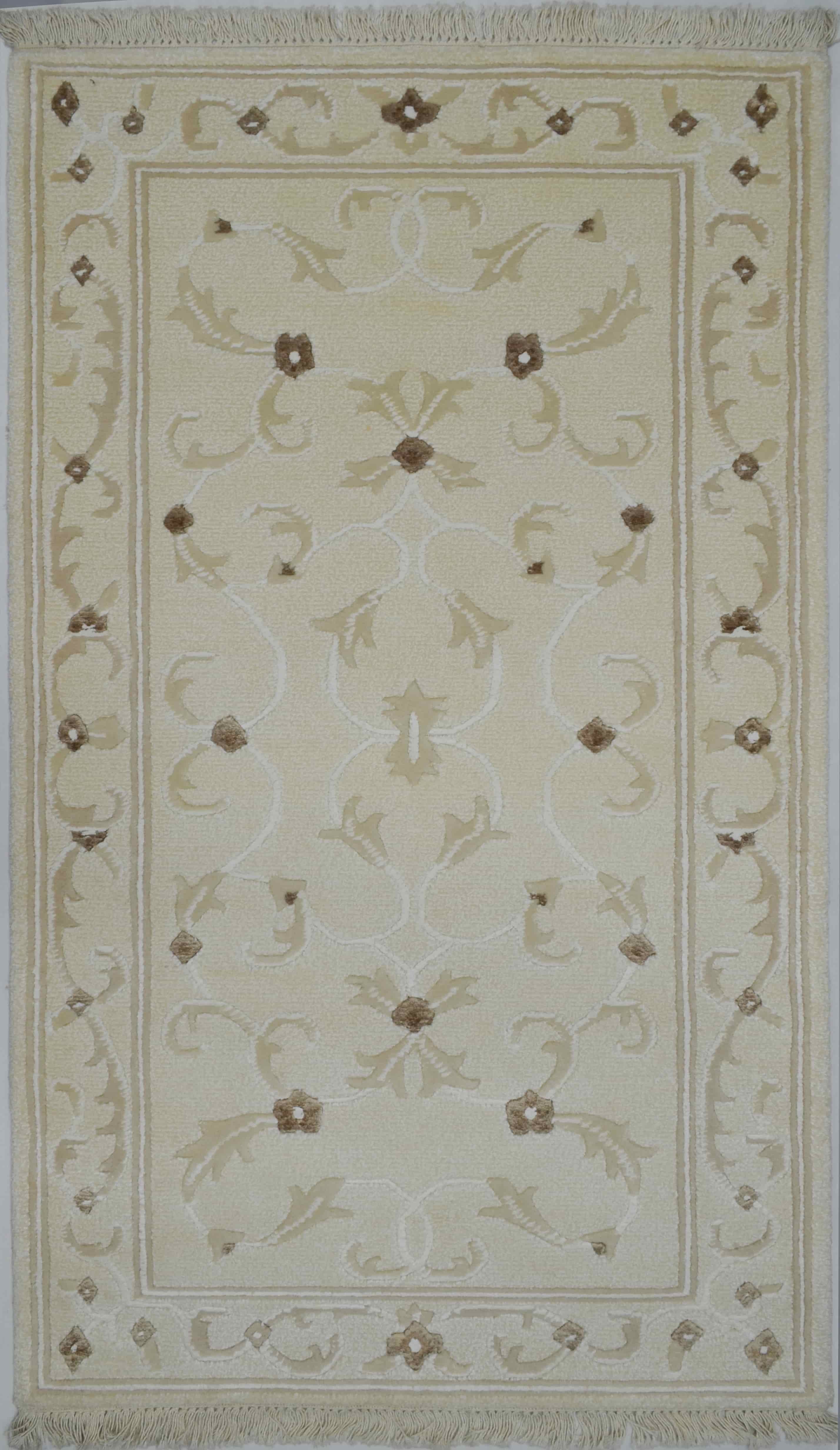 Yüksek Kalite Yünden El Dokuma Krem Renk Çiçek Desenli Nepal Halısı 80x150 cm (1.2 m²)