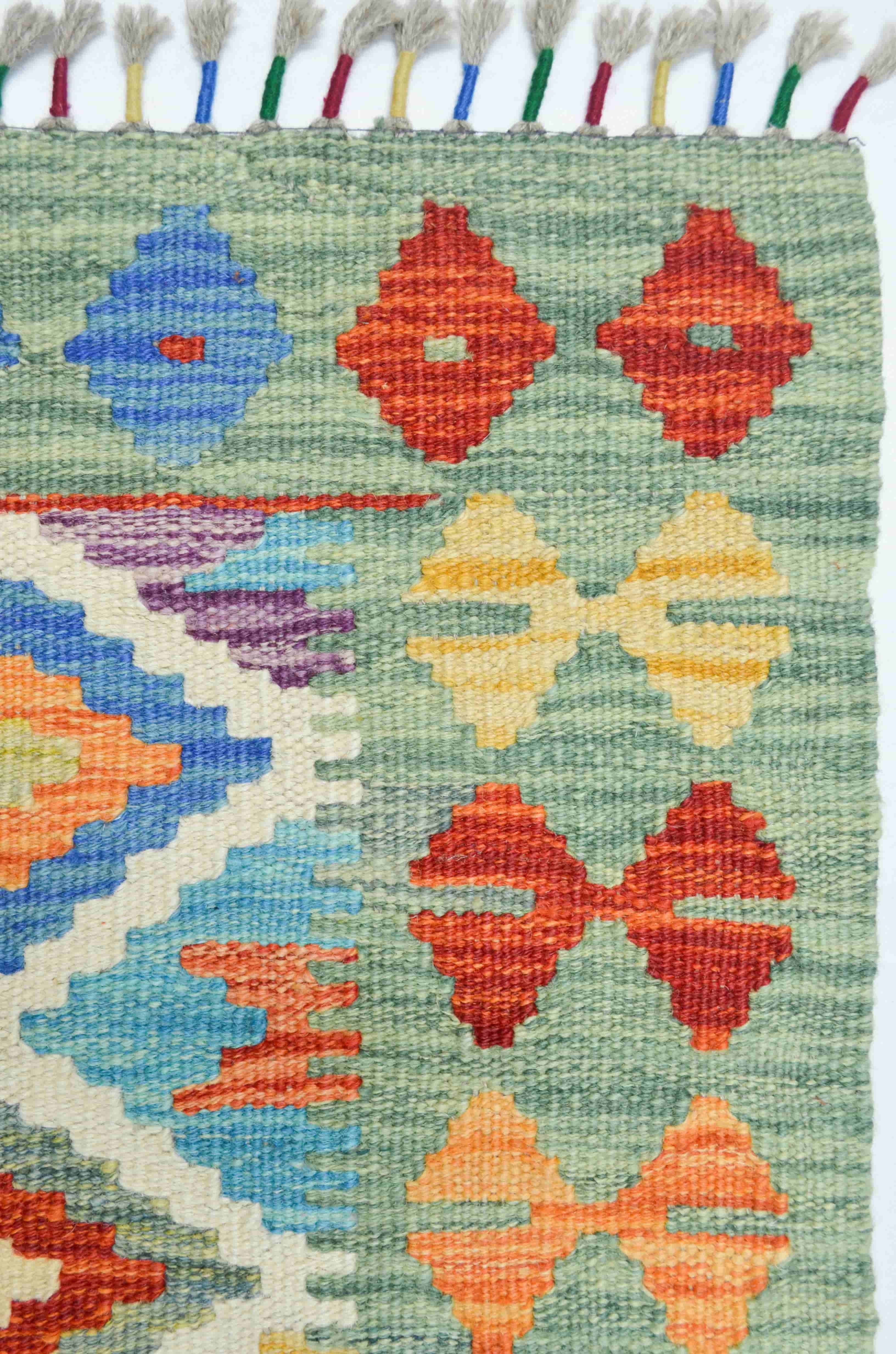 Yün İplikten El Dokuma Yeşil Renk Afgan Kilim 62x90 cm (0.56 m²)