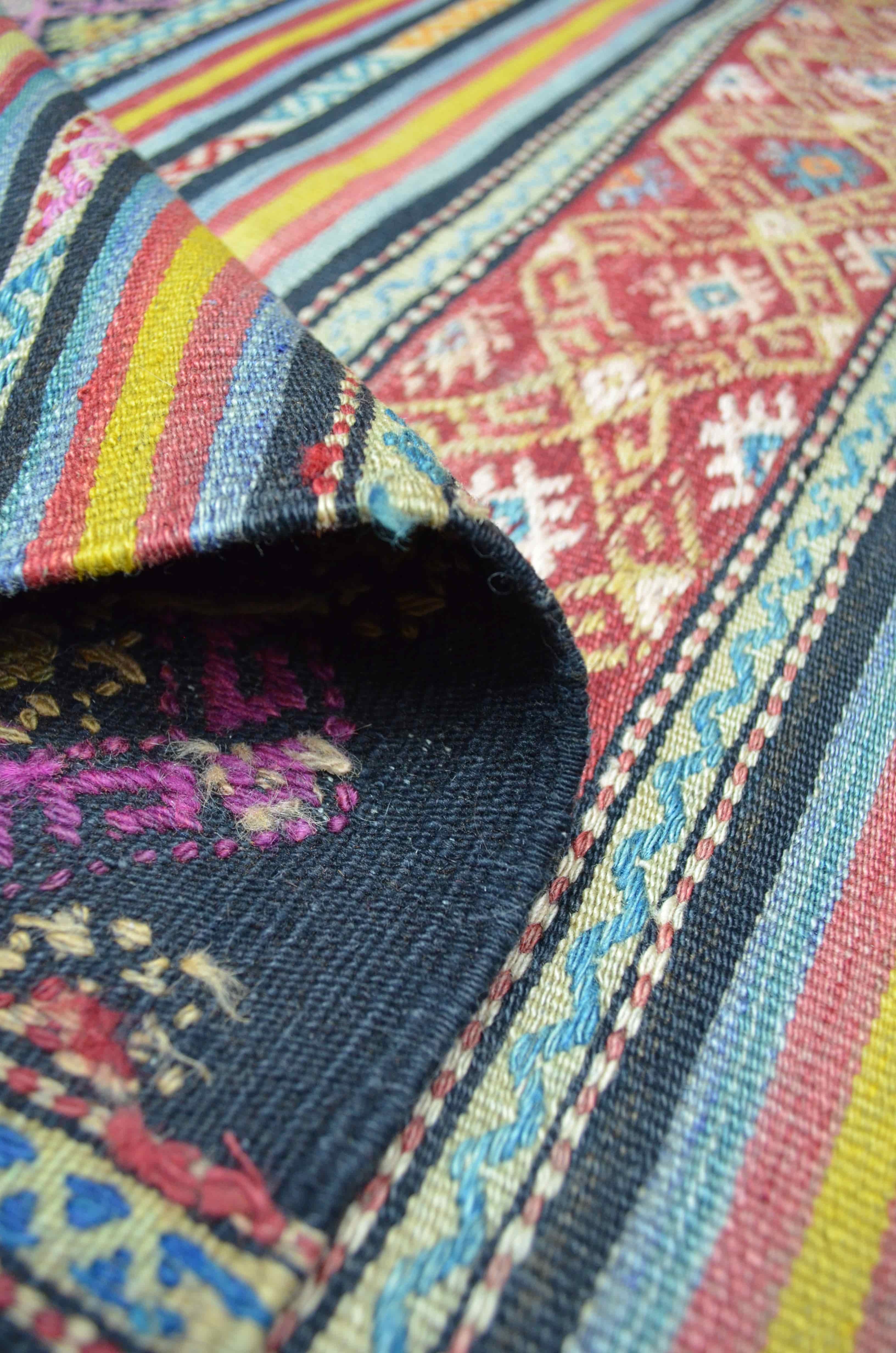 Uşak Cicim Kilim Yünden El Dokuma Turuncu, Kırmızı ve Mavi Renk 105x155 cm (1,63 m²)
