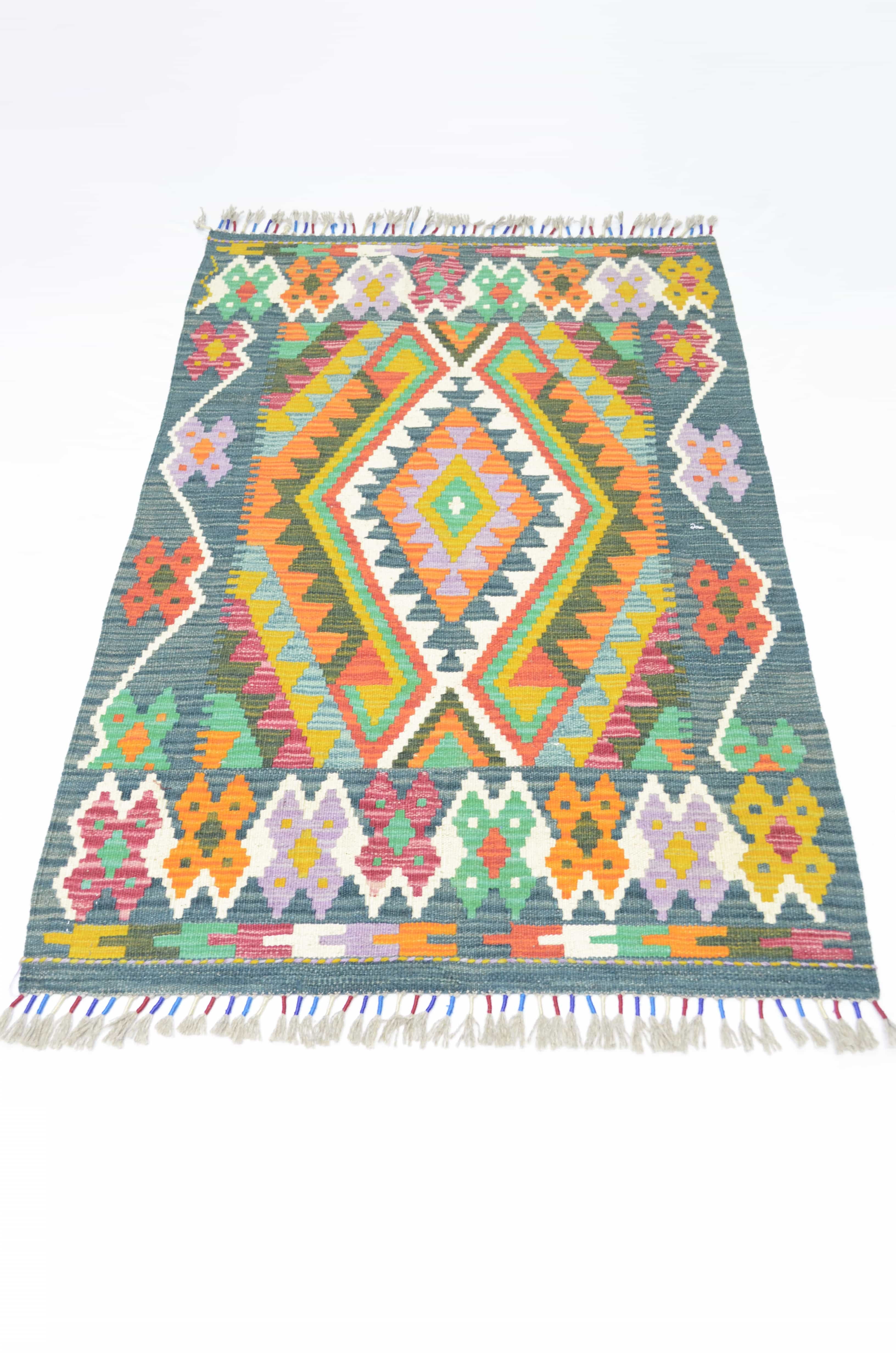Yün İplikten El Dokuma Koyu Yeşil Afgan Kilim 82x122 cm (1 m²)