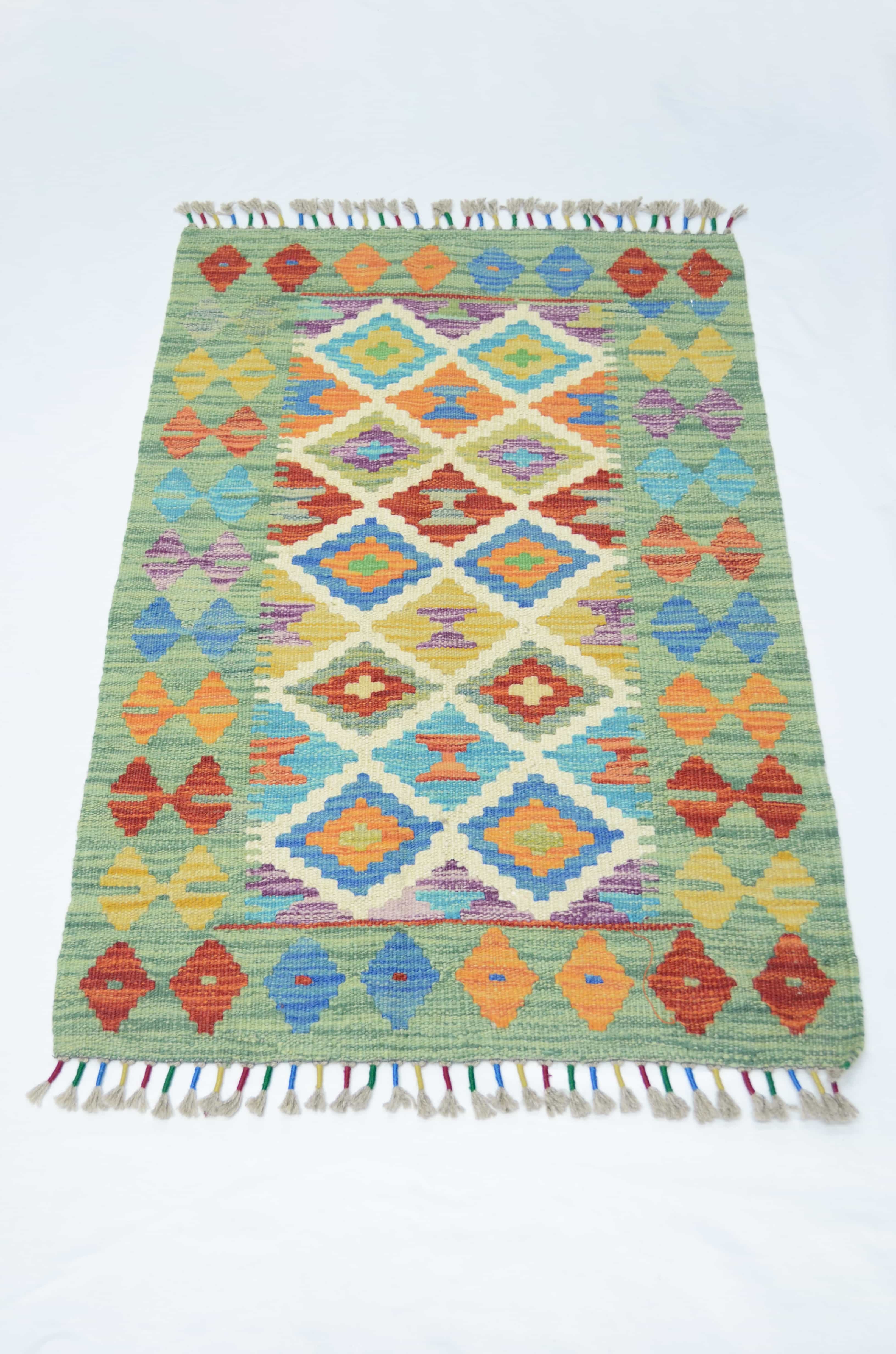 Yün İplikten El Dokuma Yeşil Renk Afgan Kilim 62x90 cm (0.56 m²)
