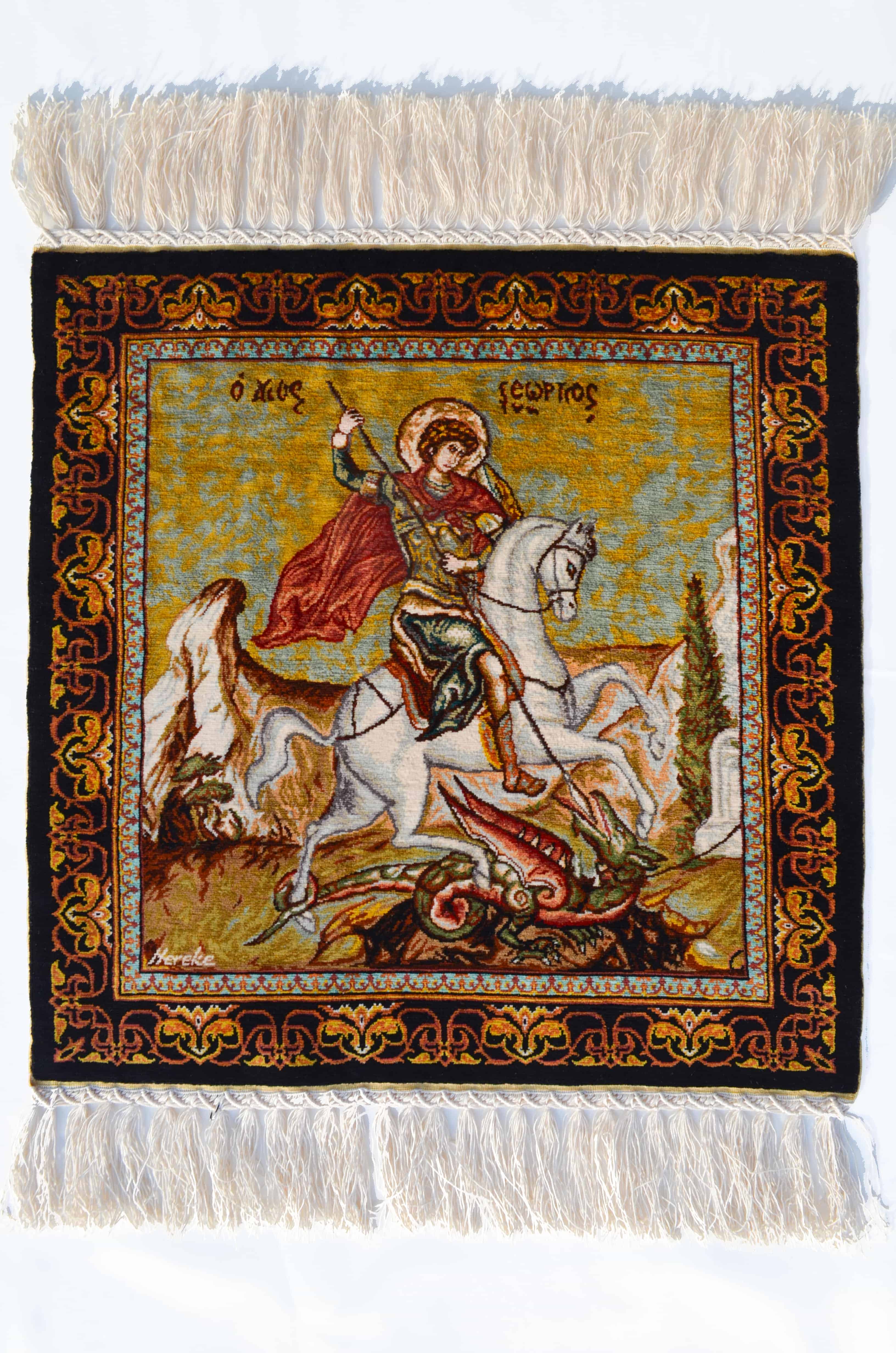 Aziz Yorgi ve Ejdarha Desenli Saf İpek El Dokuma Duvar Halısı (38x38 cm)