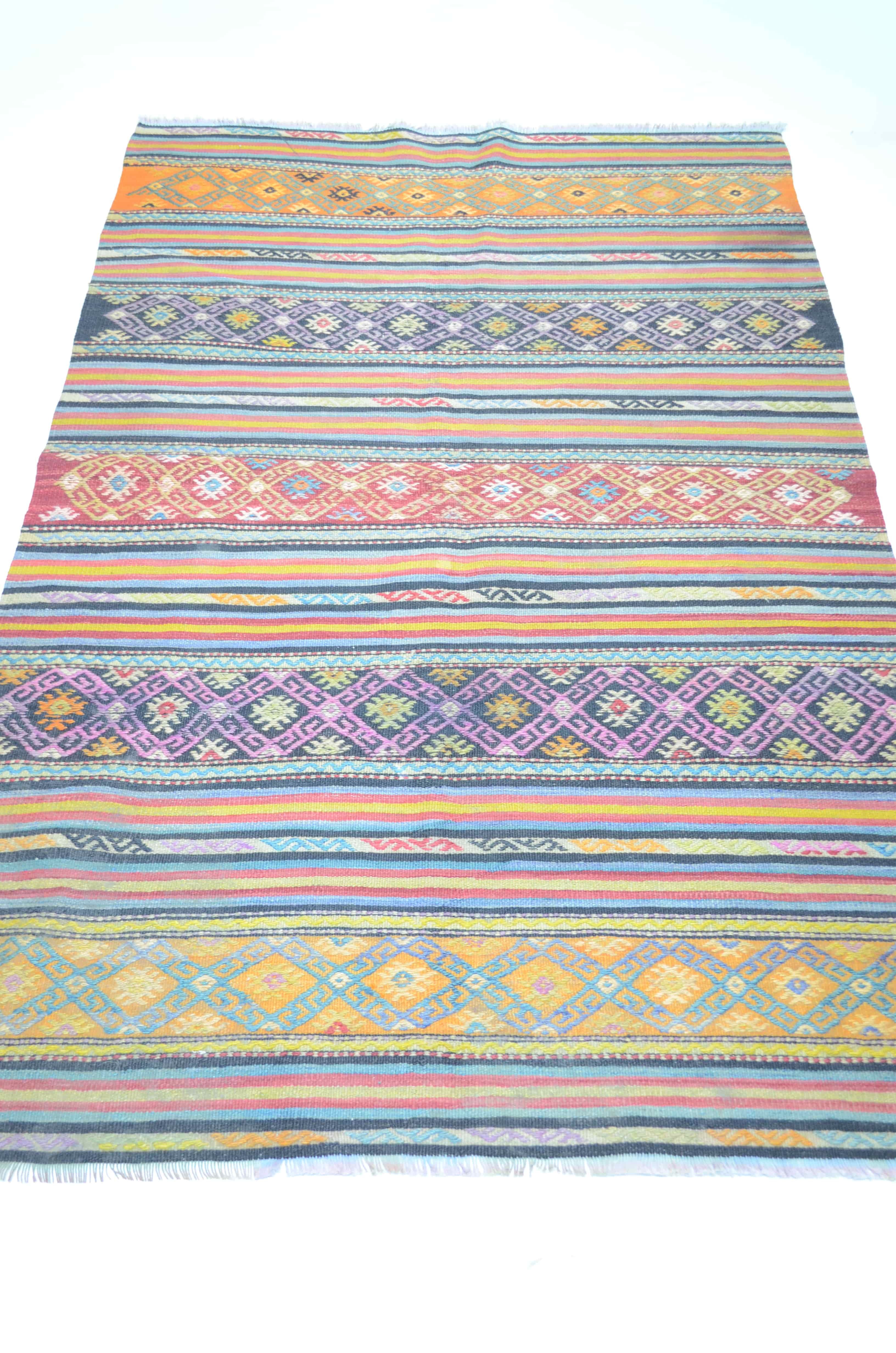 Uşak Cicim Kilim Yünden El Dokuma Turuncu, Kırmızı ve Mavi Renk 105x155 cm (1,63 m²)