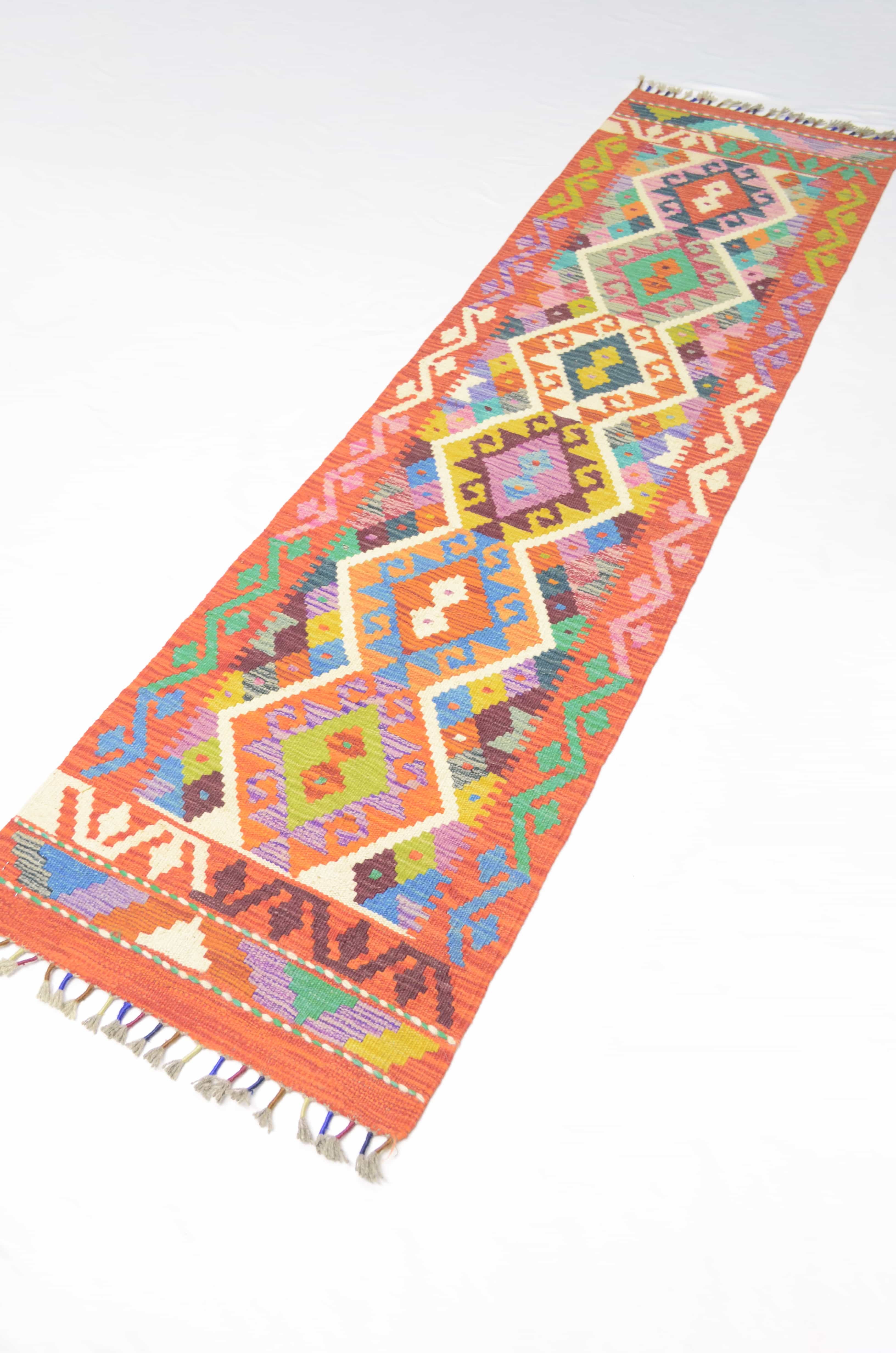 Yün İplikten El Dokuma Turuncu Renk Afgan Kilim Yolluk 86x207 cm (1.78 m²)