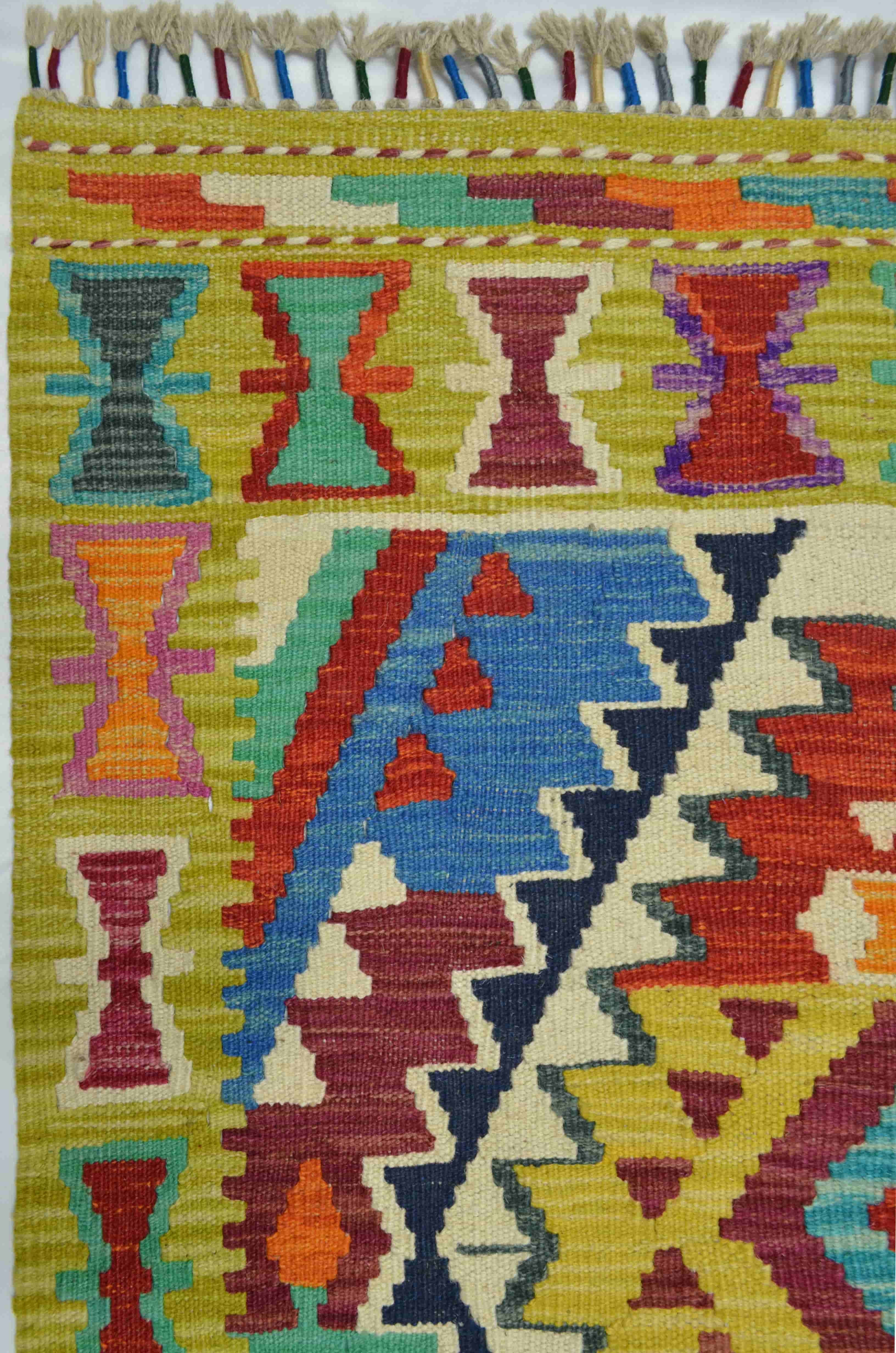 Yün İplikten El Dokuma Yeşil Renk Afgan Kilim Yolluk 82x303 cm (2.5 m²)