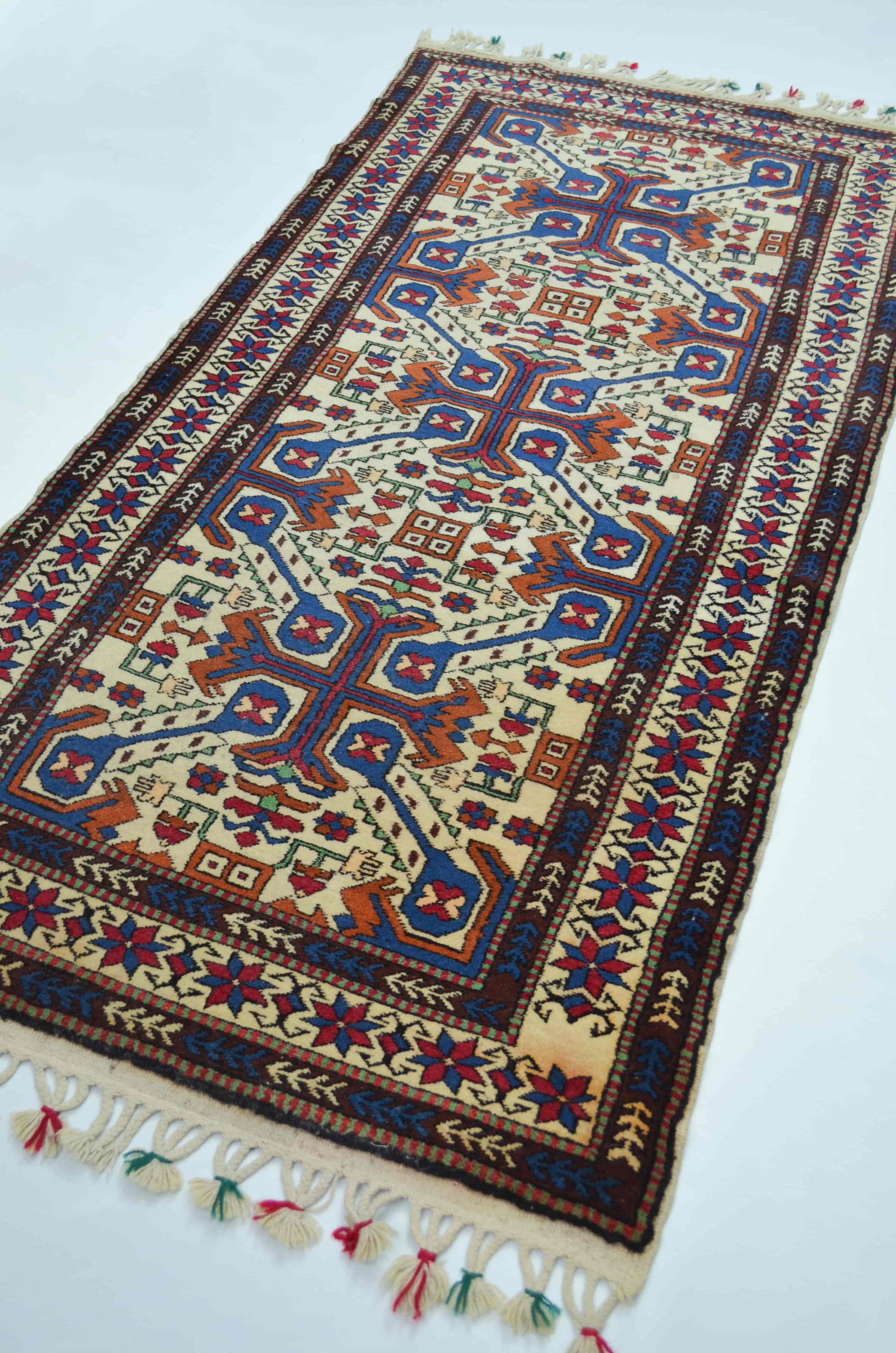 Demirci Yağcıbedir El Dokuma Halı Krem, Mavi ve Kiremit Renk 97x193 cm (1.87 m²)