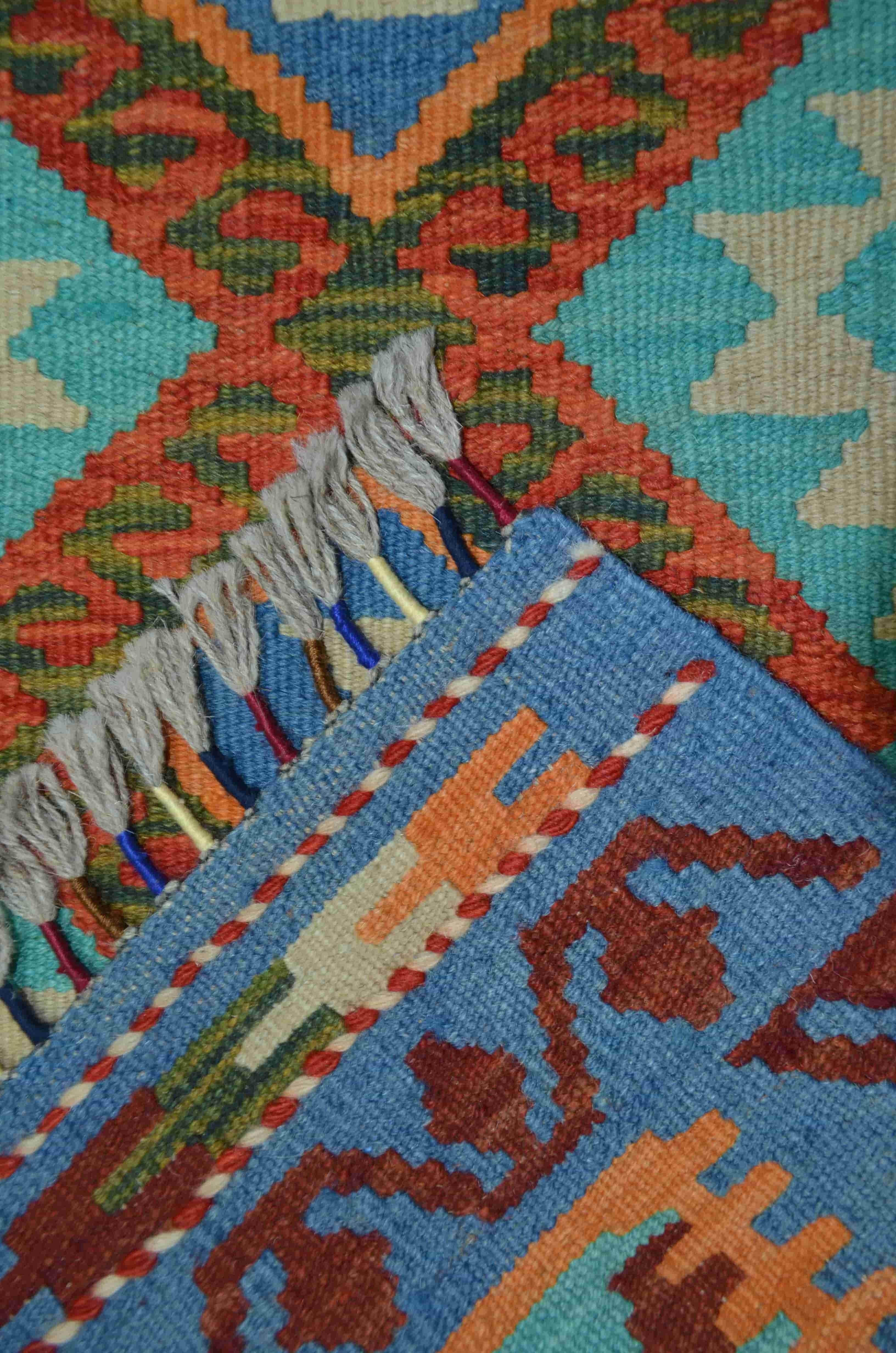 Yün İplikten El Dokuma Mavi ve Turuncu Renk Afgan Kilim 60x90 cm (0.54 m²)