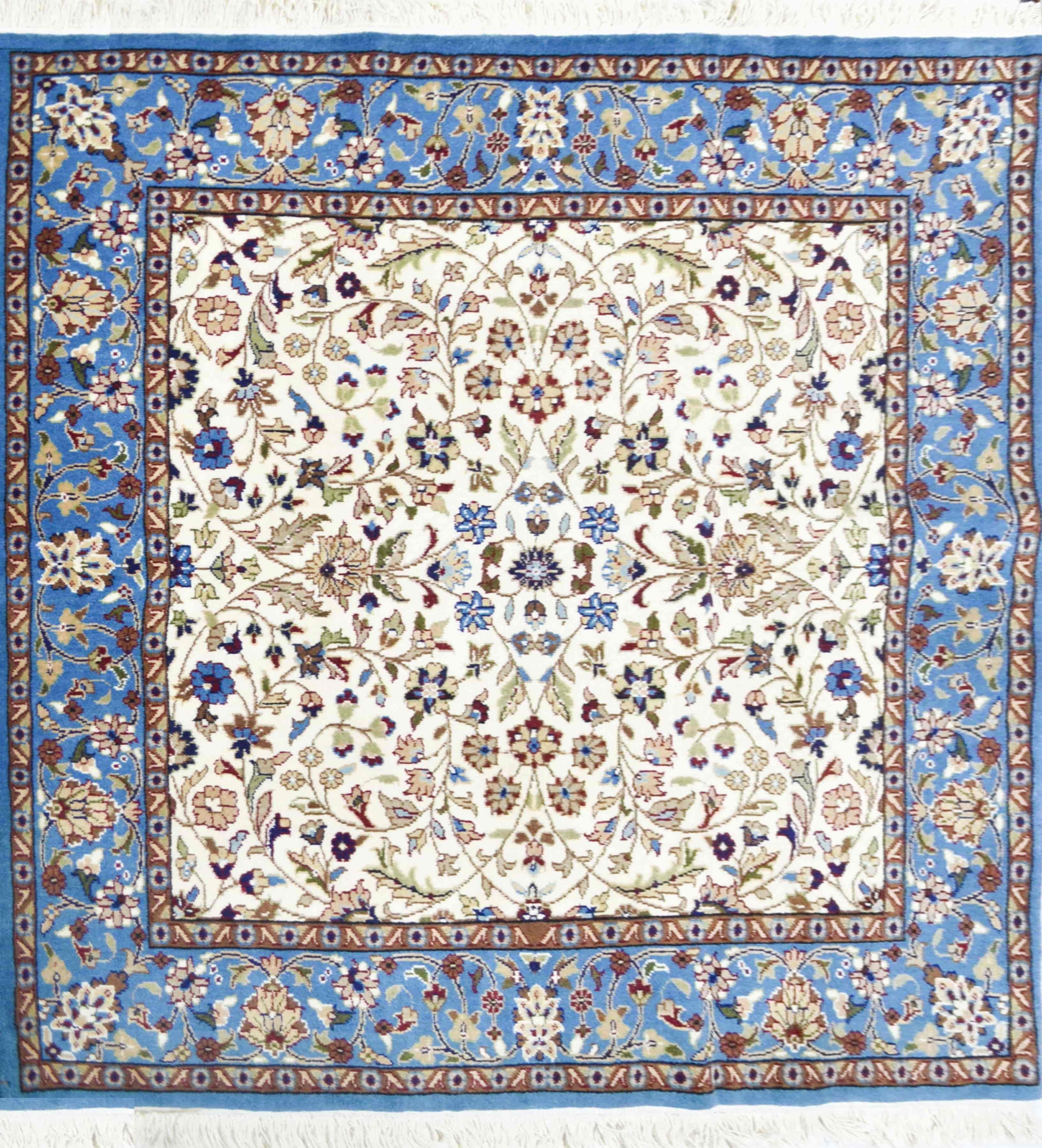 İran El Dokuma Kare Krem ve Mavi Renk Yün Halı 154x154 cm (2.37 m²)