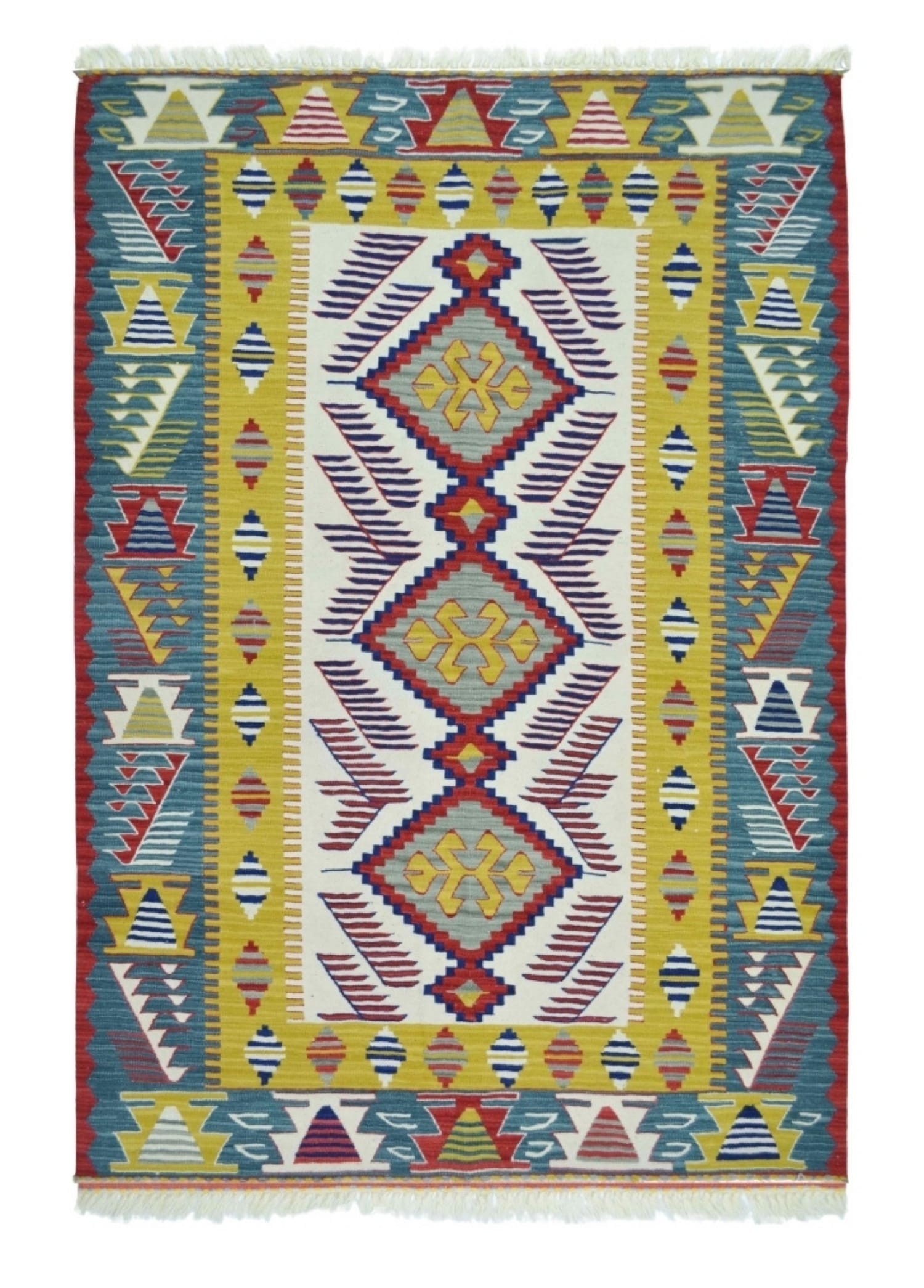 Uşak Yünden El Dokuma Yeşil, Sarı ve Bordo Renk Kilim 120x180 cm (2,16 m²)