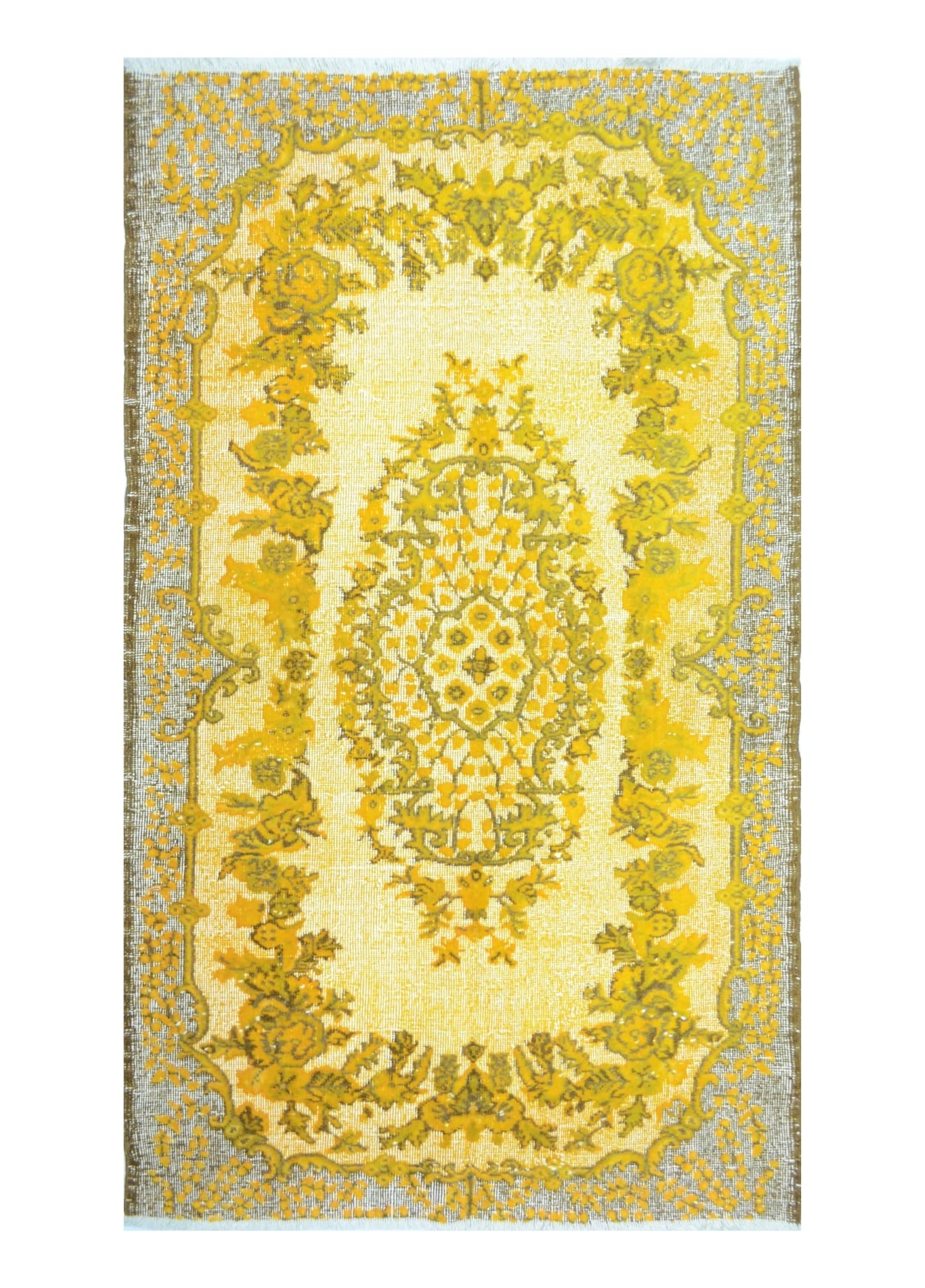 Yünden El Dokuma Sarı Renk Kabartmalı Vintage Isparta Halısı 116x203 cm (2,35 m²)