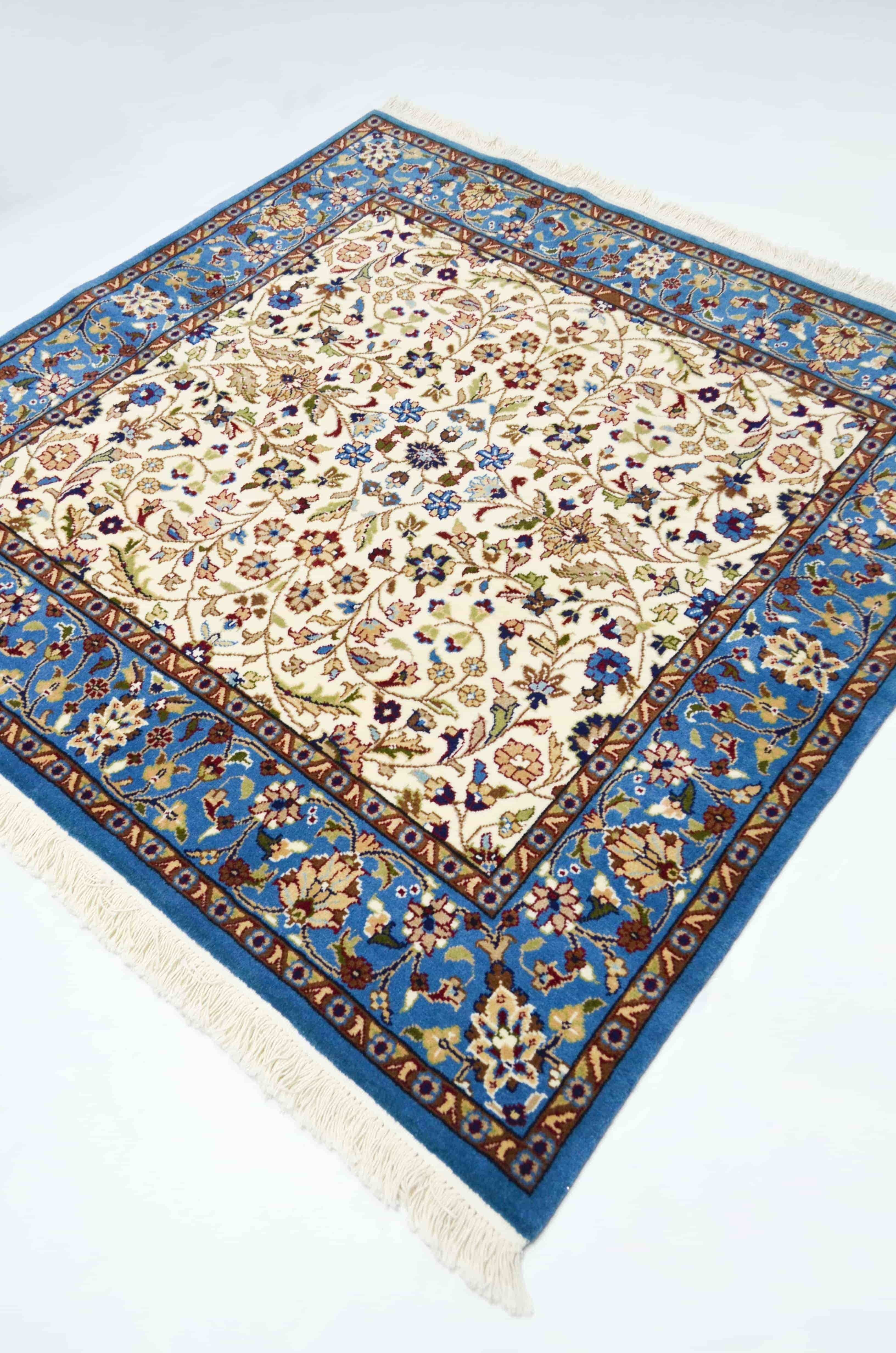 İran El Dokuma Kare Krem ve Mavi Renk Yün Halı 154x154 cm (2.37 m²)