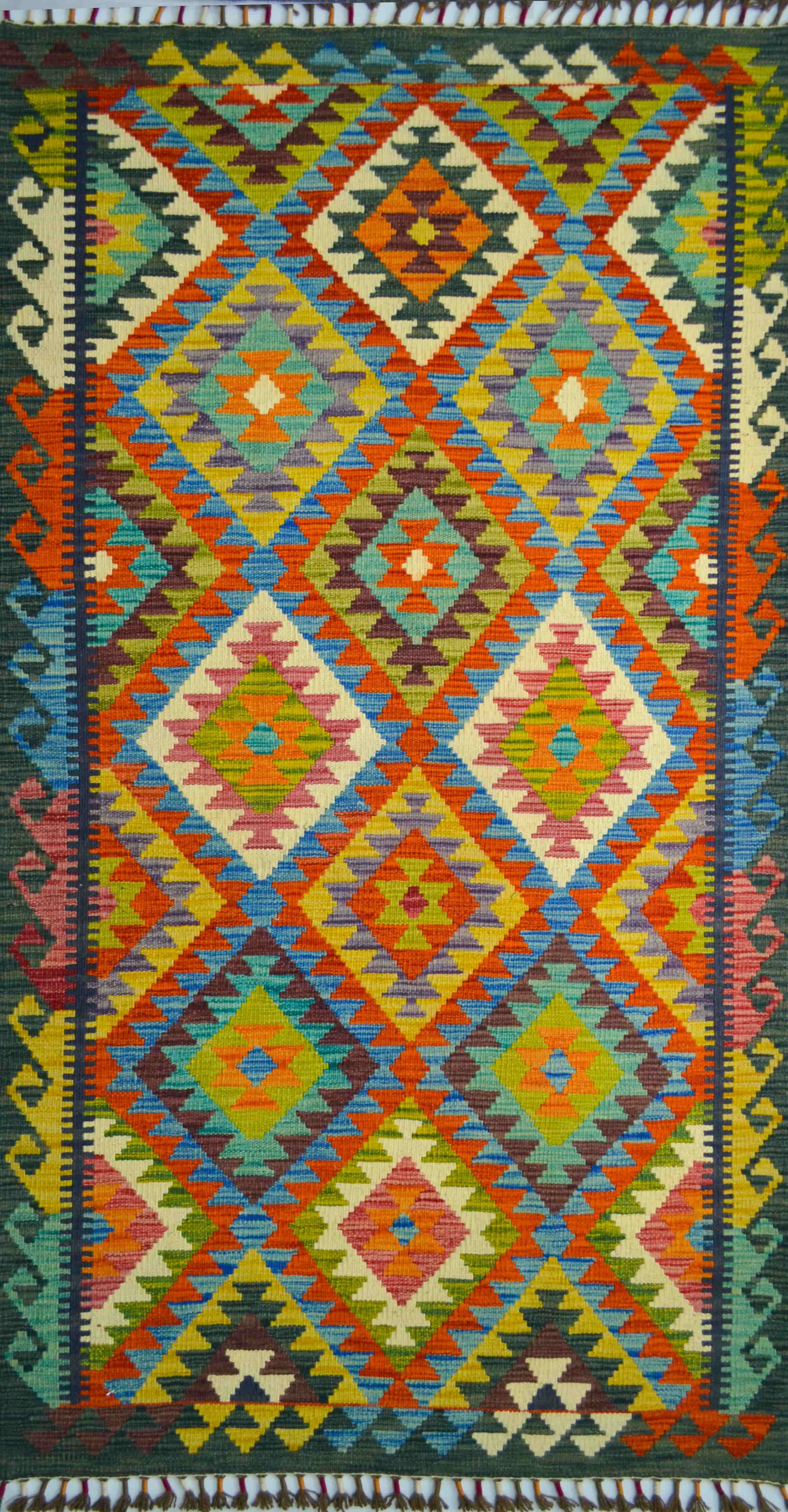 Yün İplikten El Dokuma Renkli Afgan Kilim 105x205 cm (2.15 m²)