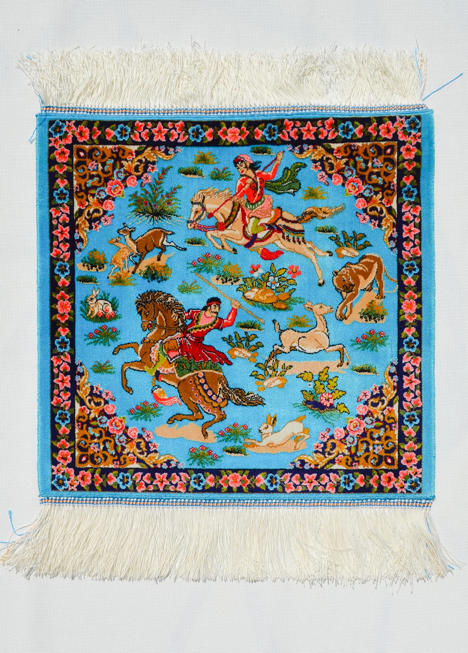 Geleneksel Desenli İpek Minyatür Halı 40x40 cm (0.16 m²) - Av Sahnesi Turkuaz