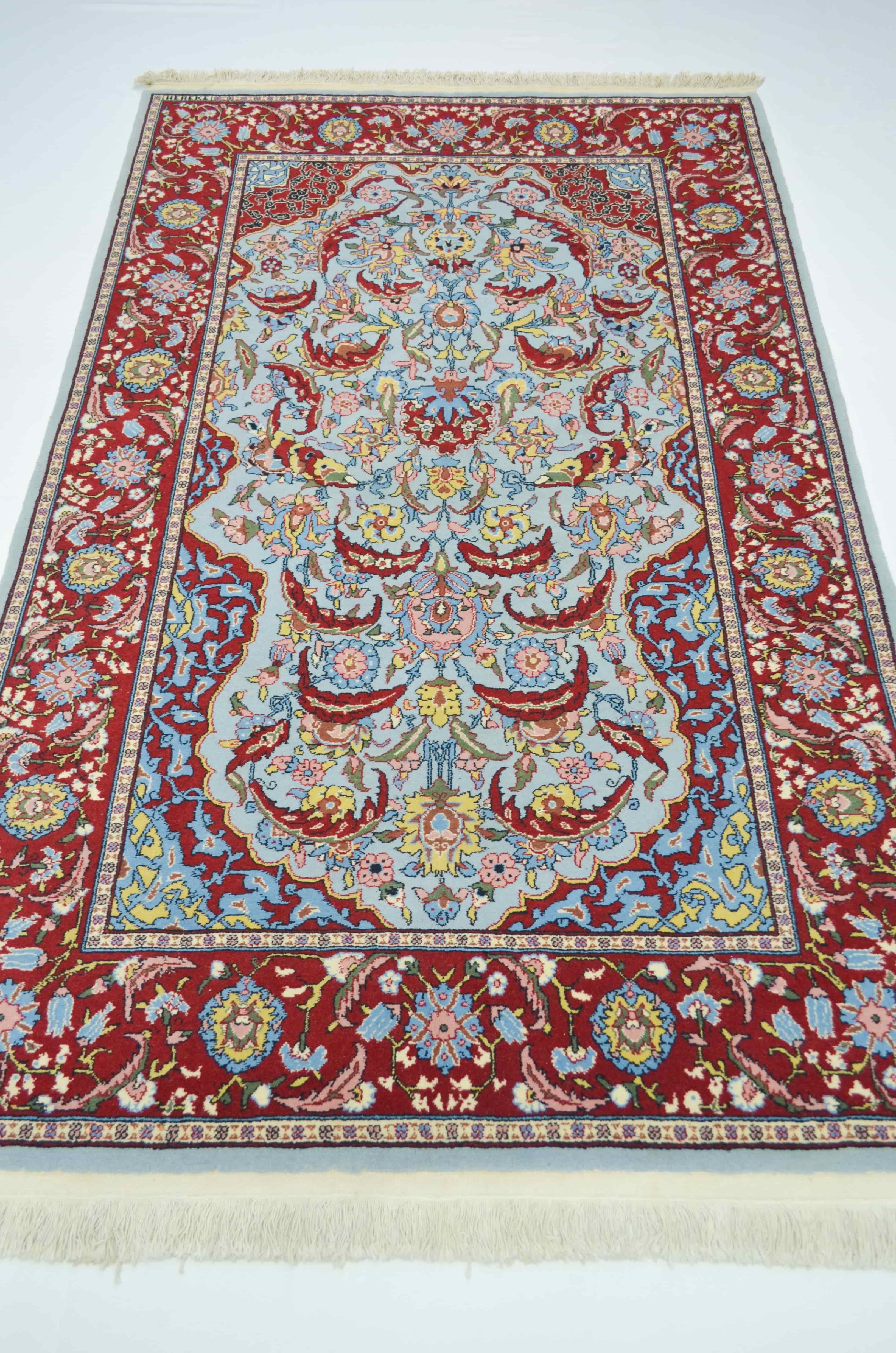 Orijinal Sümerbank Mihraplı Hereke El Dokuma Mavi ve Bordo Renk Yün Halı 112x181 cm (2.03 m²)