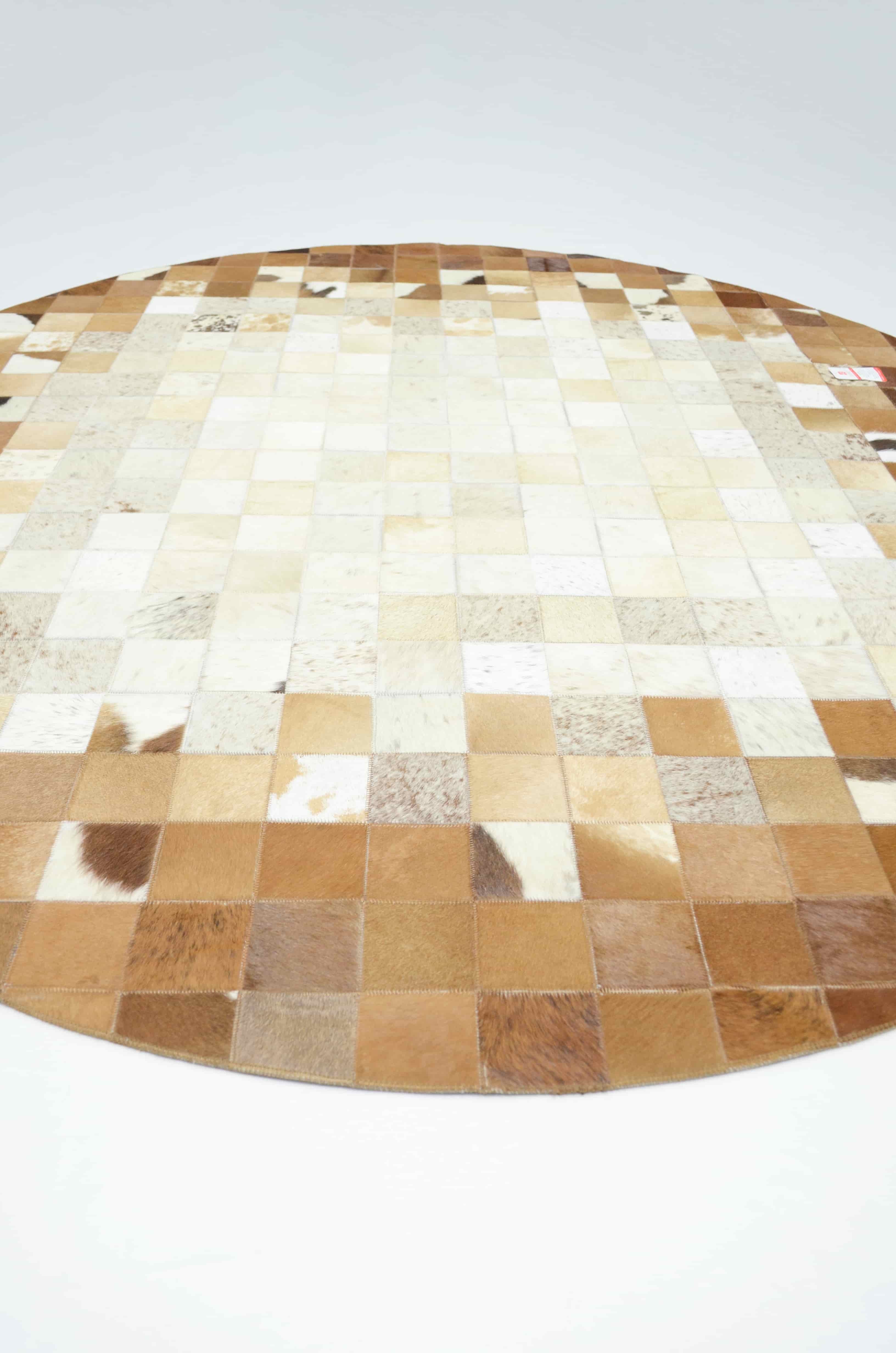 Krem ve Kahverengi Yuvarlak Deri Patchwork Halı 150x150 cm (2,25 m²)