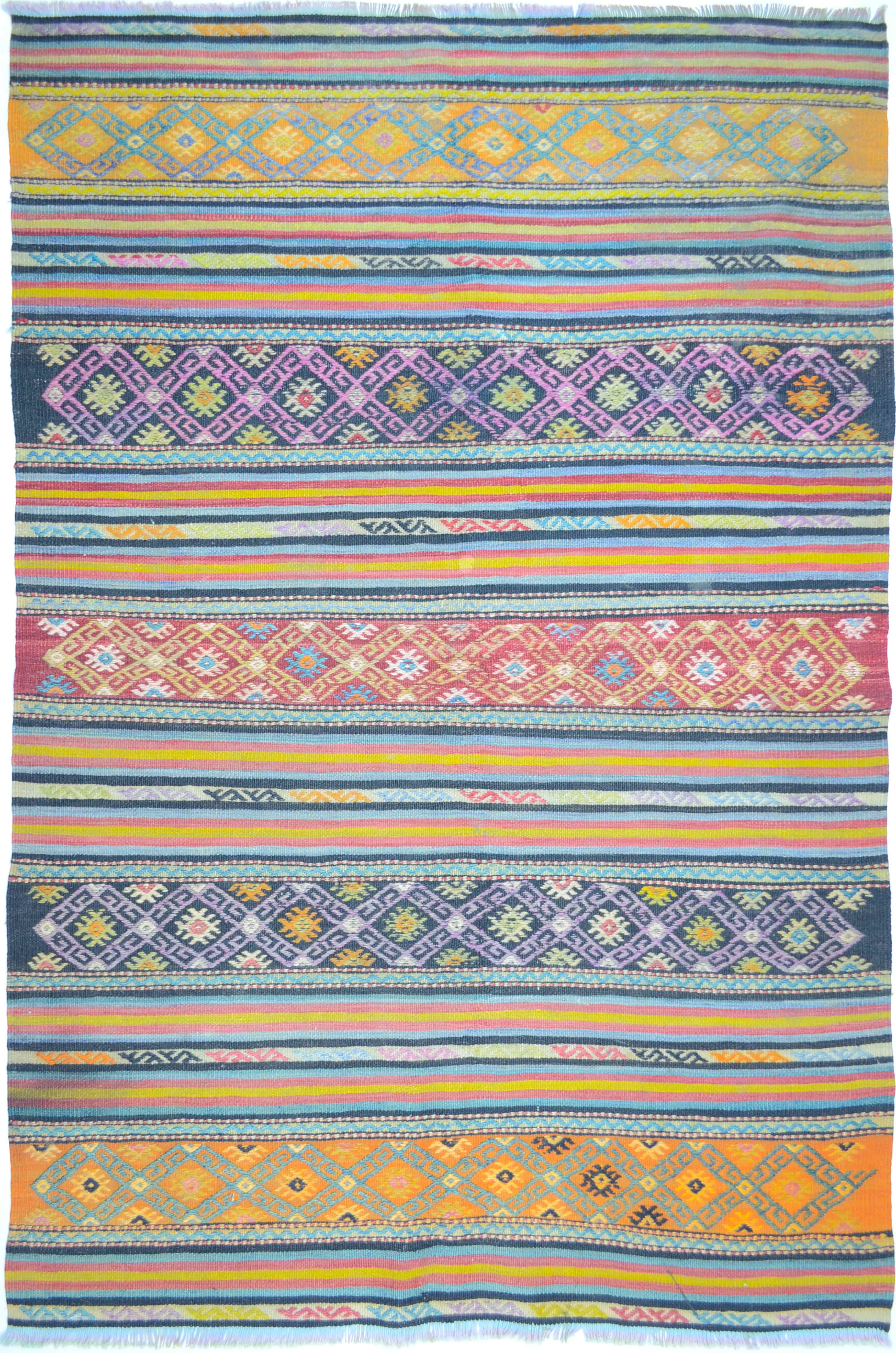 Uşak Cicim Kilim Yünden El Dokuma Turuncu, Kırmızı ve Mavi Renk 105x155 cm (1,63 m²)