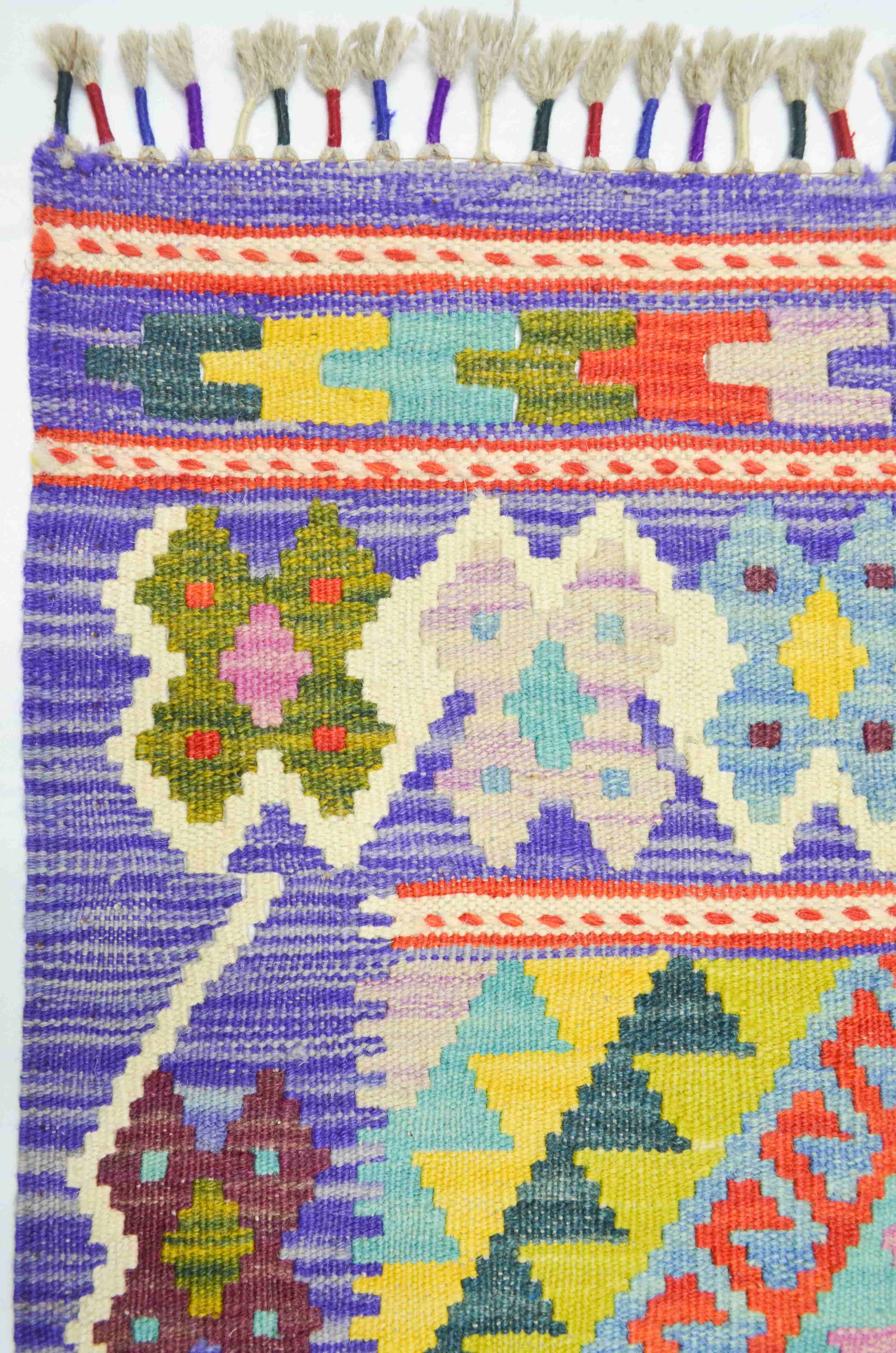 Yün İplikten El Dokuma Mor Renk Afgan Kilim Yolluk 67x212 cm (1.42 m²)