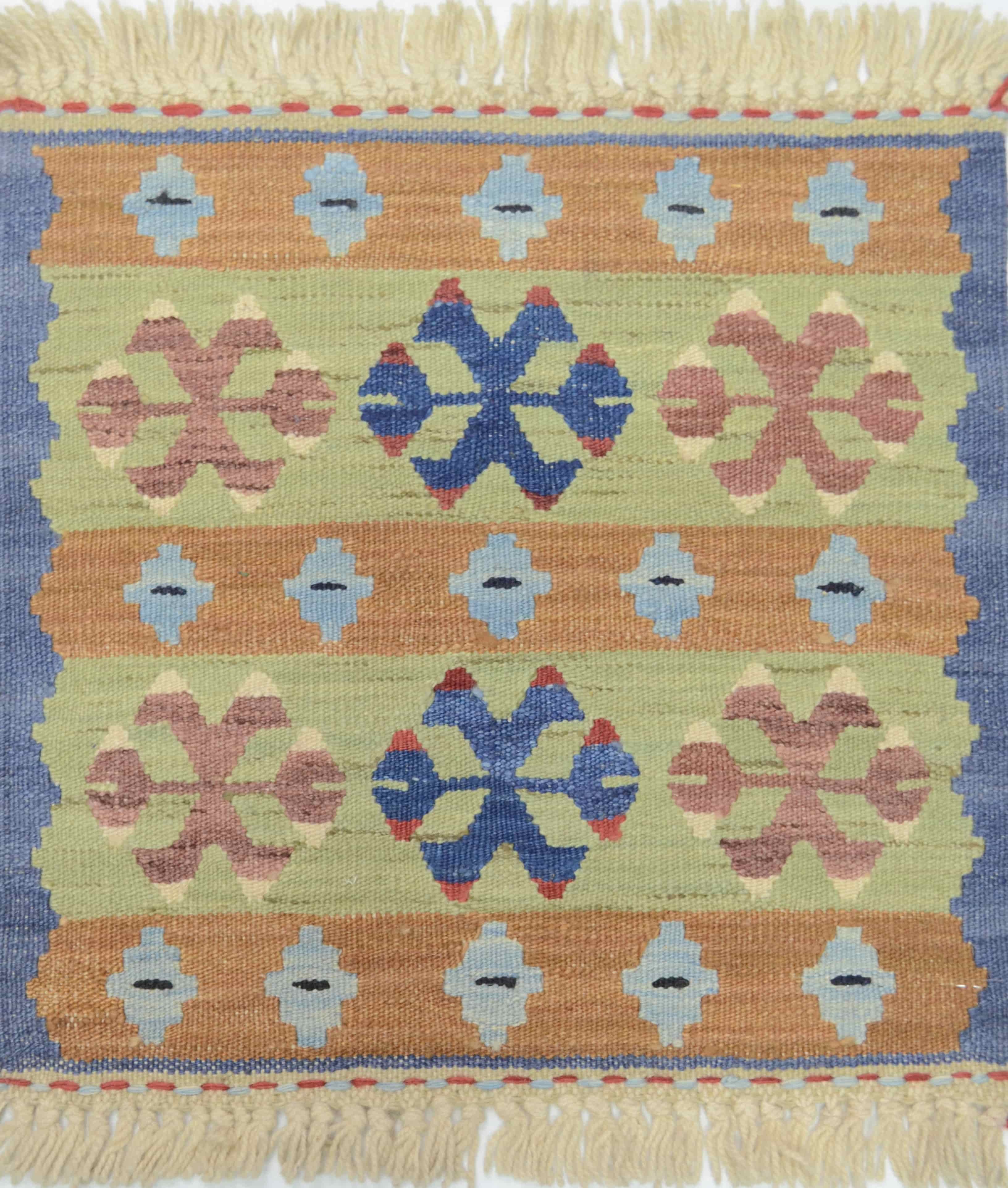Yünden El Dokuma Turuncu ve Mavi Renk İnce Kök Kilim 40x40 cm (0.16 m²)