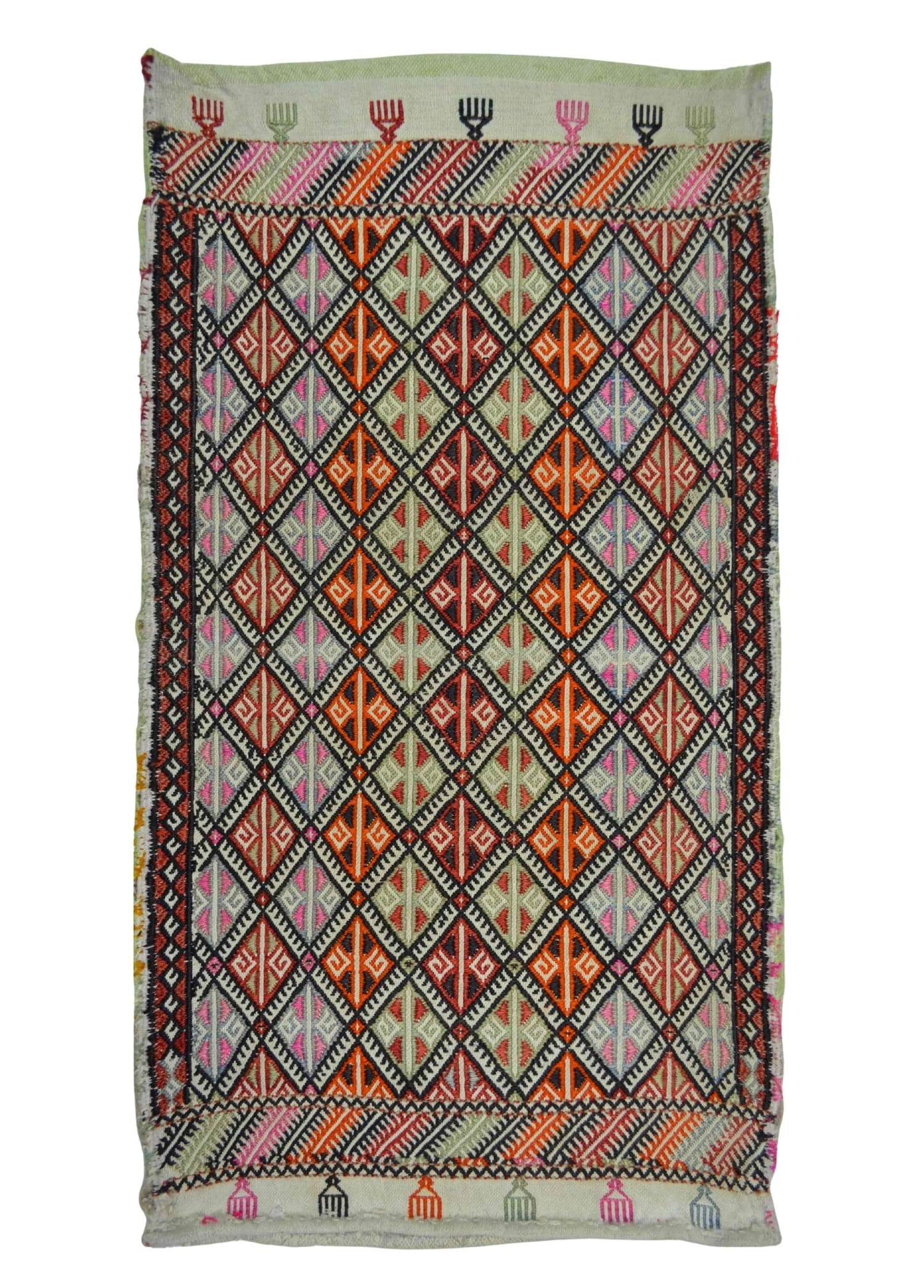 Vintage Konya Cicim El Dokuma Krem Zeminli Çok Renkli Yün Yastık 60x100 cm (0,60 m²)