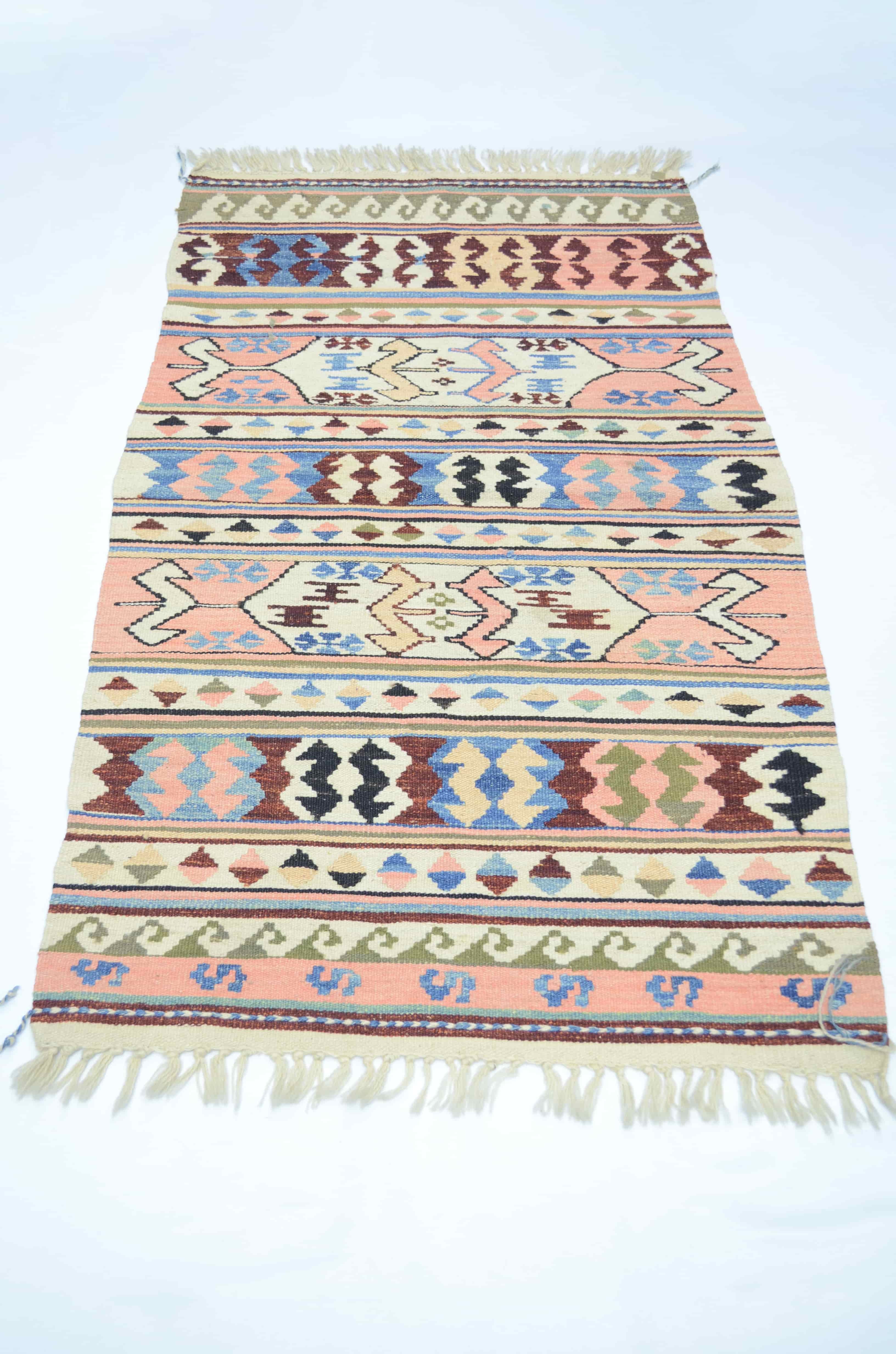 Konya Karapınar El Dokuma Pembe ve Krem Kirmen Yün Kilim 76x121 cm (0.92 m²)