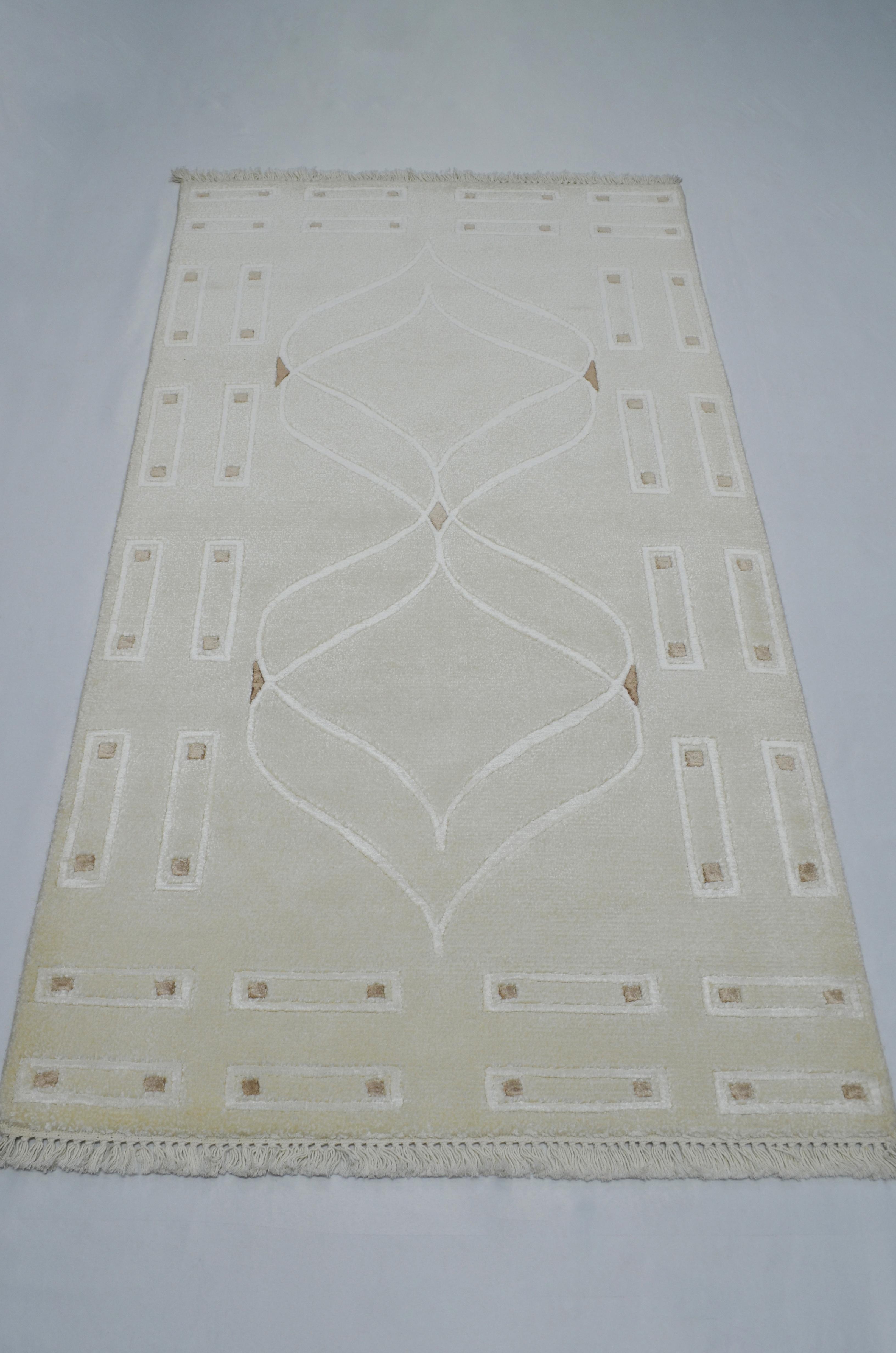 Yüksek Kalite Yünden El Dokuma Krem Renk Nepal Halısı 80x150 cm (1.2 m²)