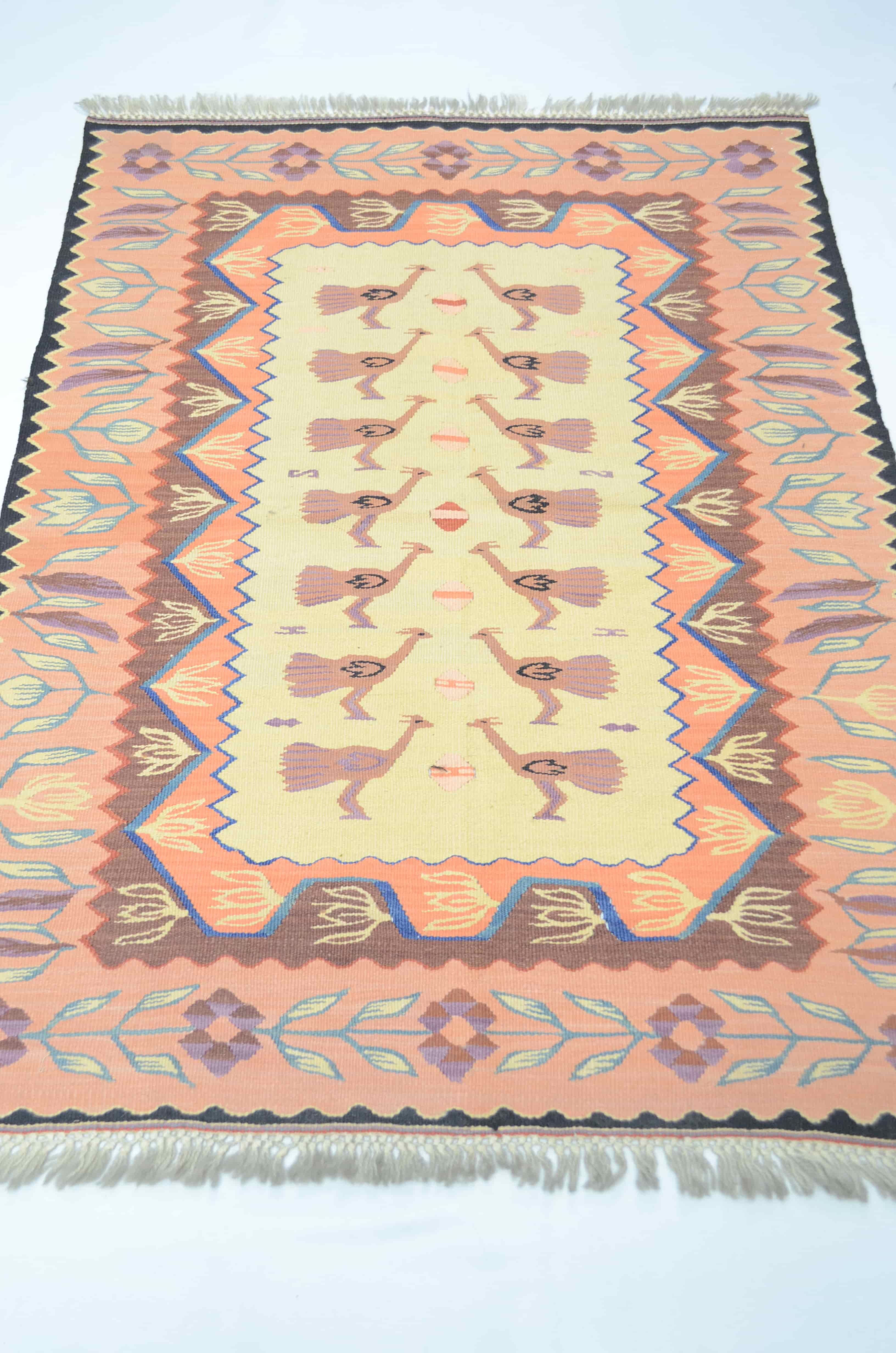 El Dokuma Pembe Tavus Kuşu Motifli Antik Süper İnce Kilim 80x120 cm (0.96 m²)