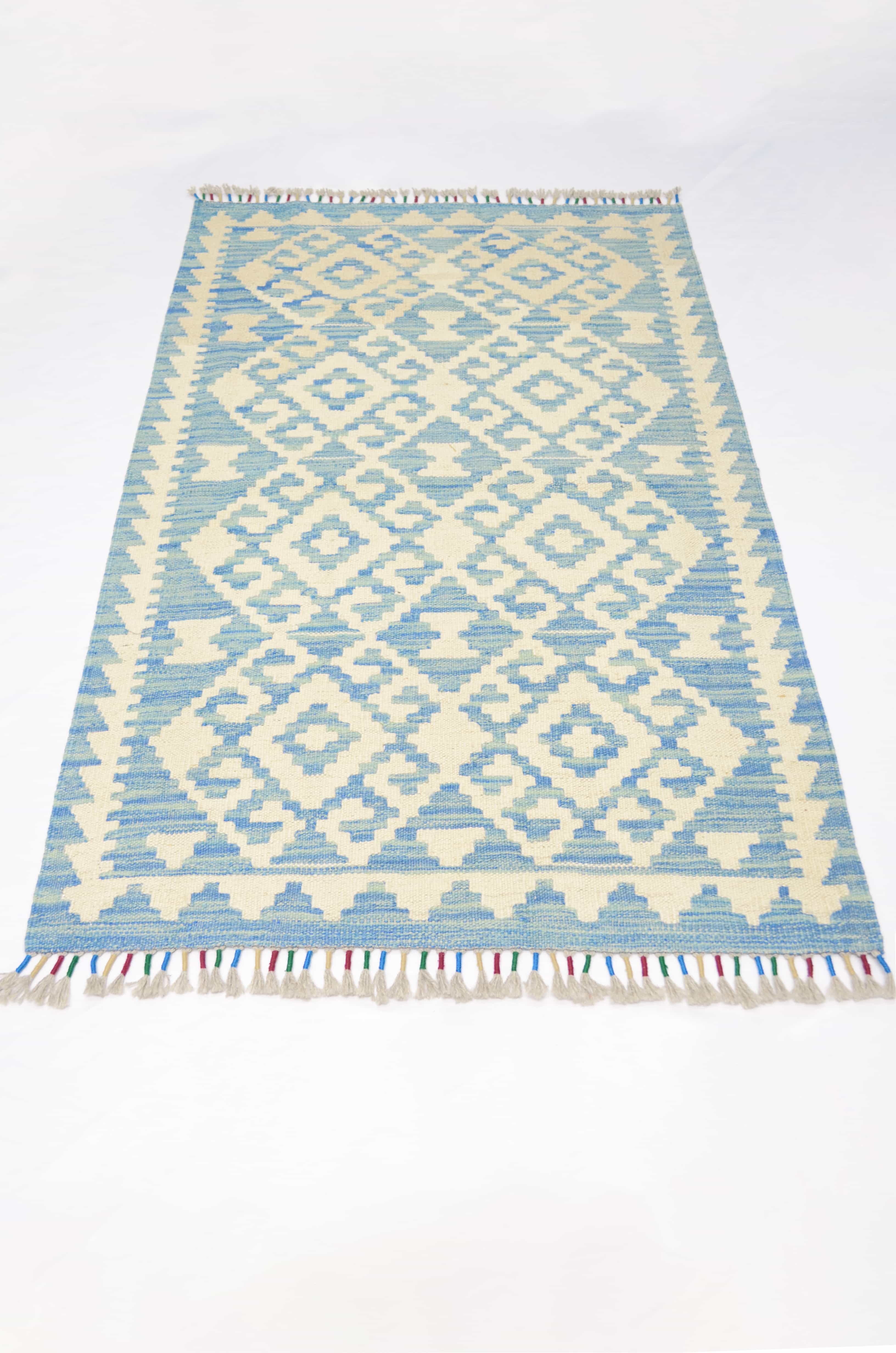 Yün İplikten El Dokuma Krem ve Mavi Renk Afgan Kilim 83x127 cm (1.05 m²)